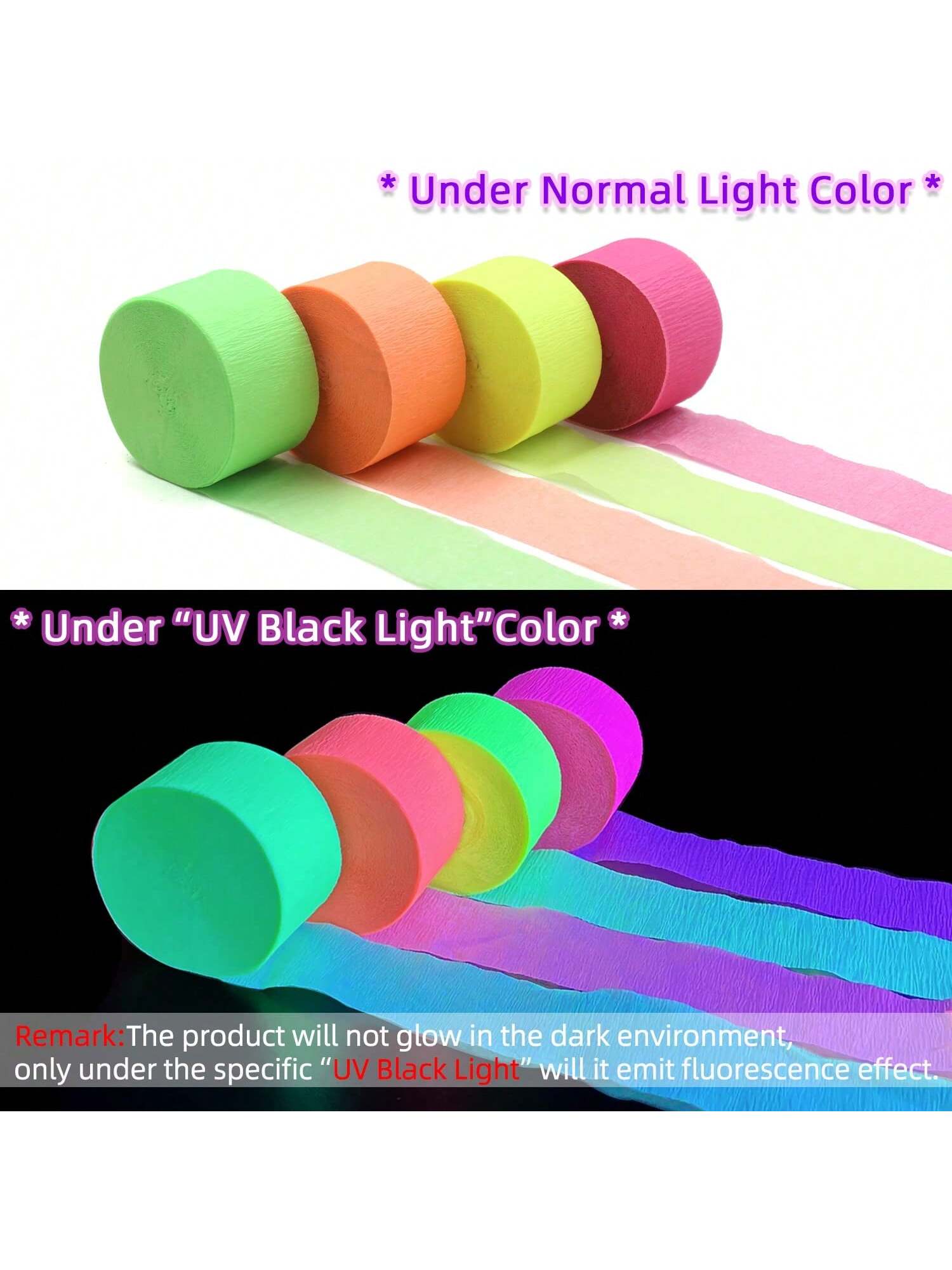 400-Foot Blacklight Party Streamers 4 Rolls UV Glow Neon Crepe Paper Decor