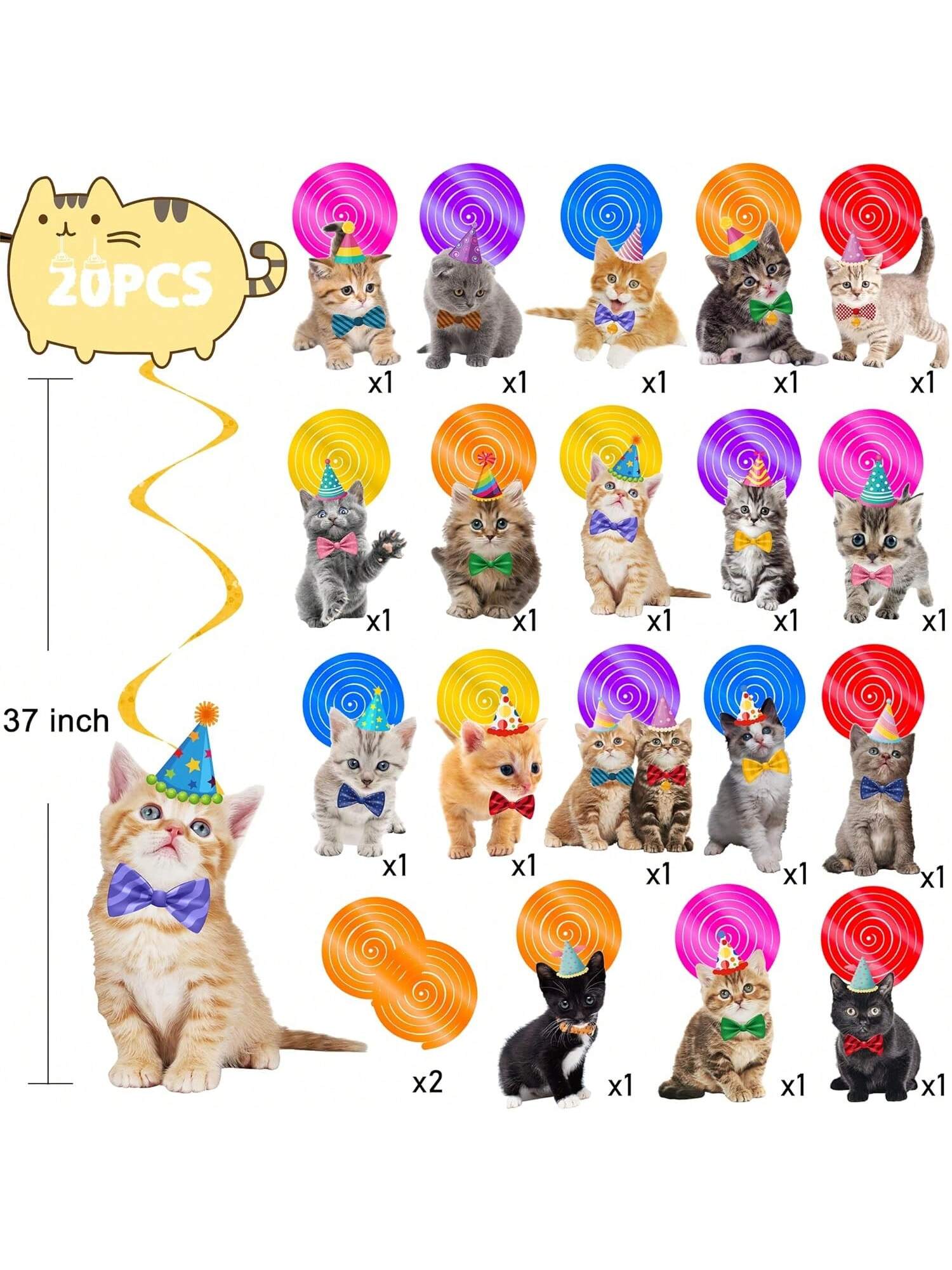20 pcs Cat Hanging Swirl Decorations for Cat Birthday and Pet Parties
