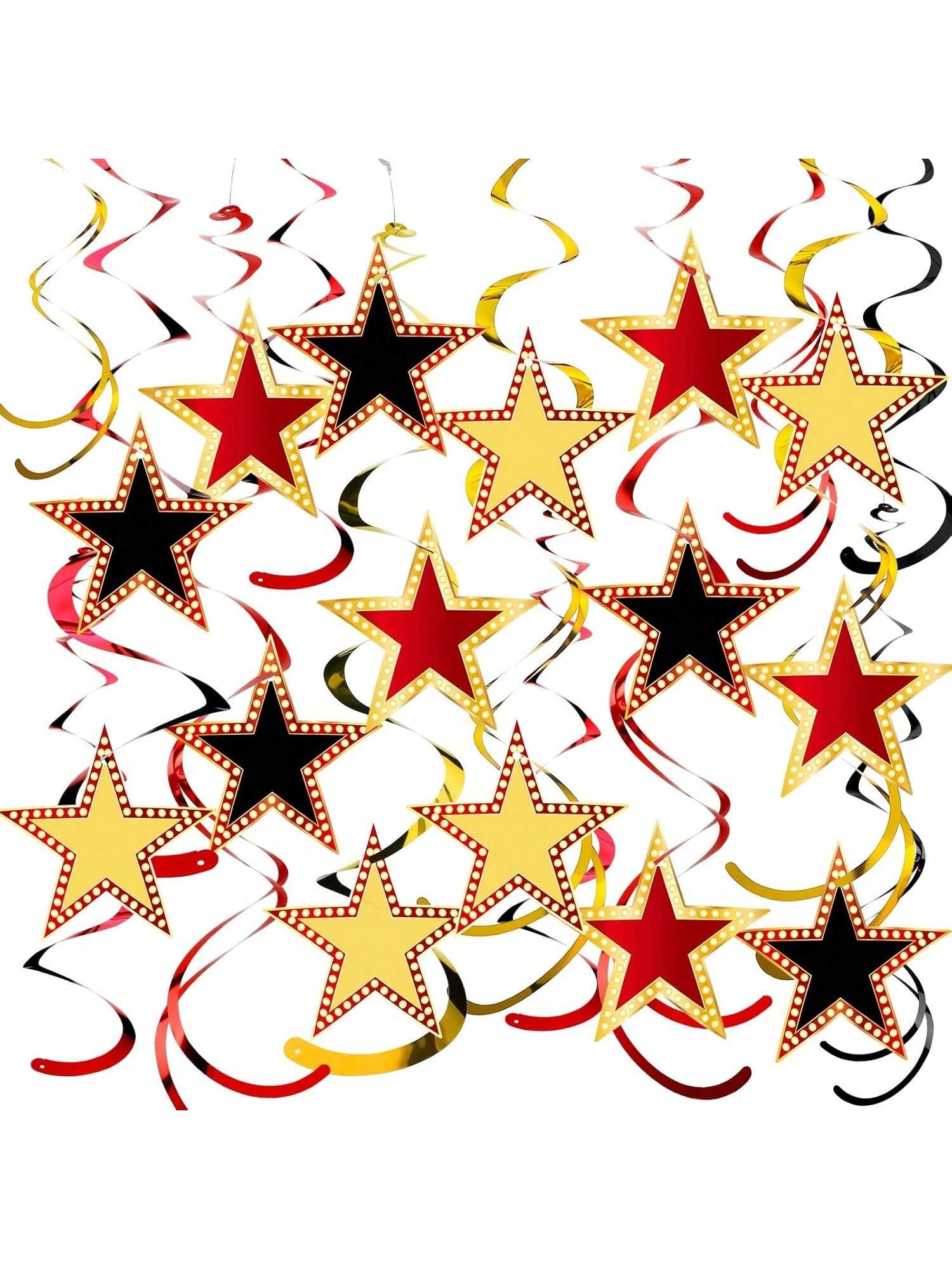 39pcs Red Gold Black Star Hanging Swirls for Movie Night & Parties