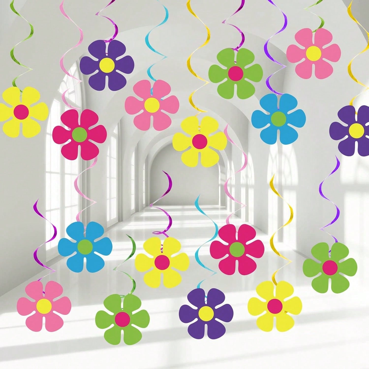 60PCS 60s Hippie Party Foil Swirl Hanging Decorations with Flower Cutouts