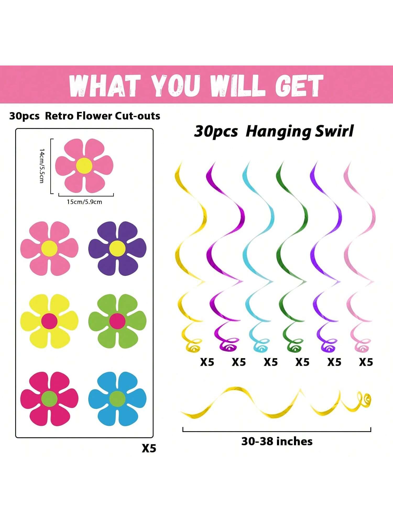 60PCS 60s Hippie Party Foil Swirl Hanging Decorations with Flower Cutouts