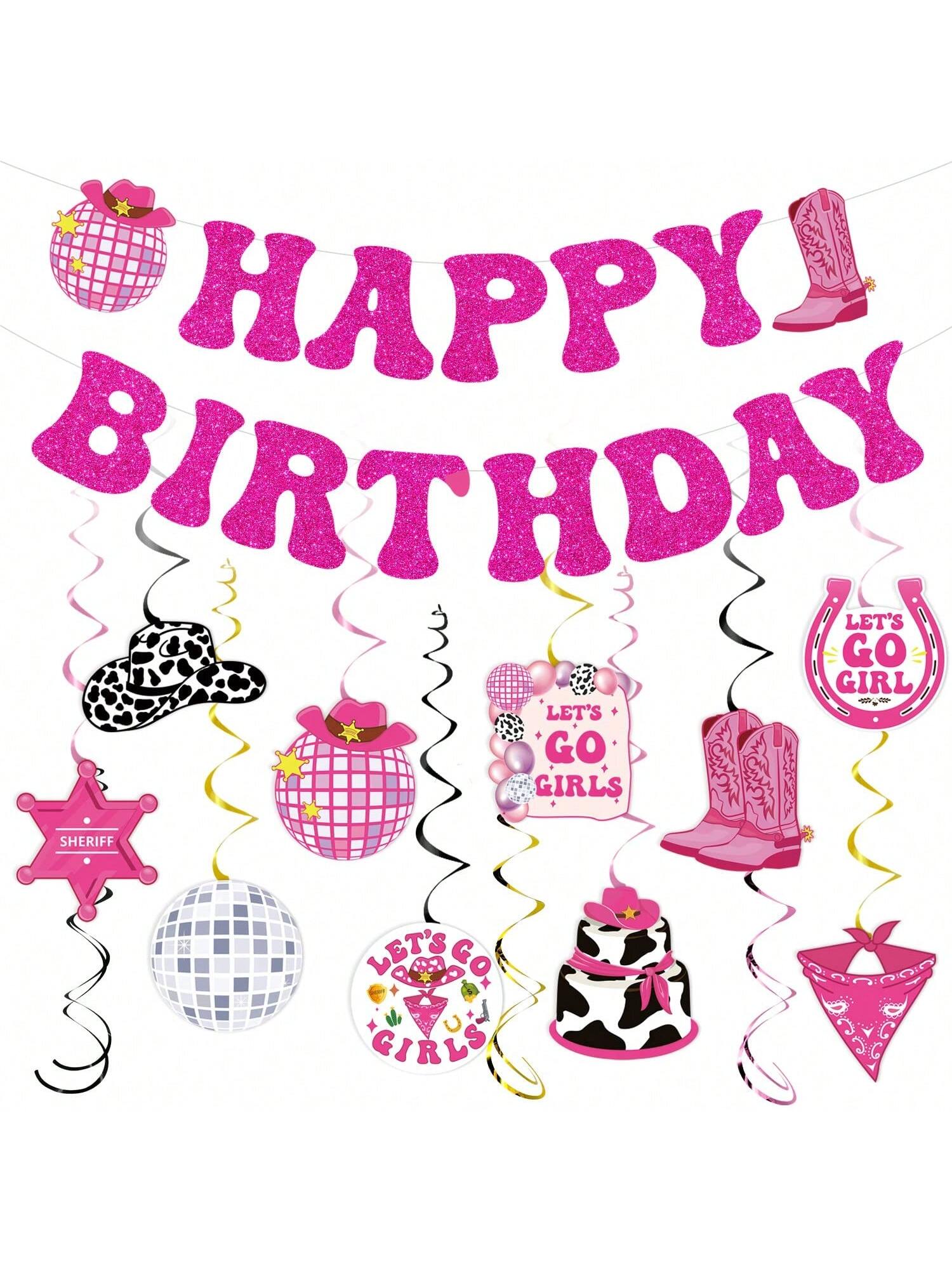 Disco Cow Birthday Hanging Swirls 26pcs Pink Party & Bachelorette Decor