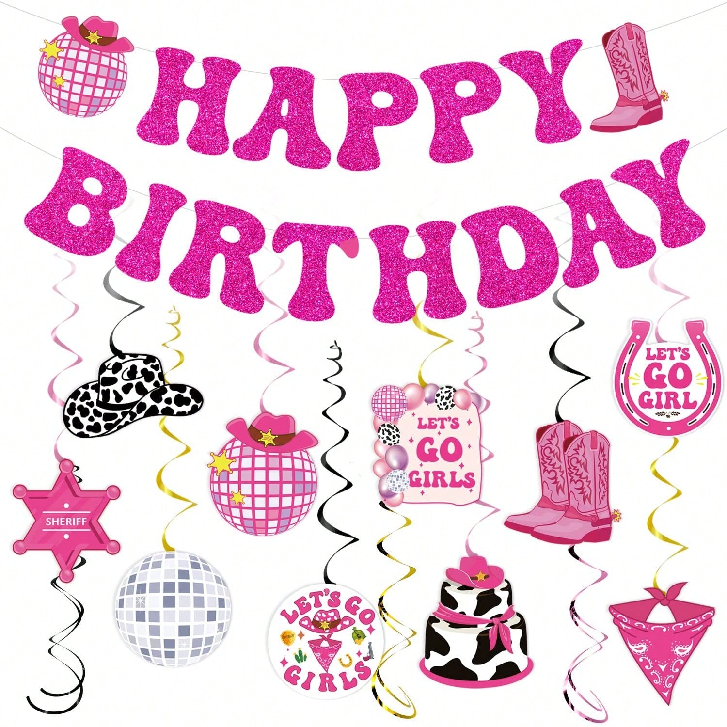 Disco Cow Birthday Hanging Swirls 26pcs Pink Party & Bachelorette Decor