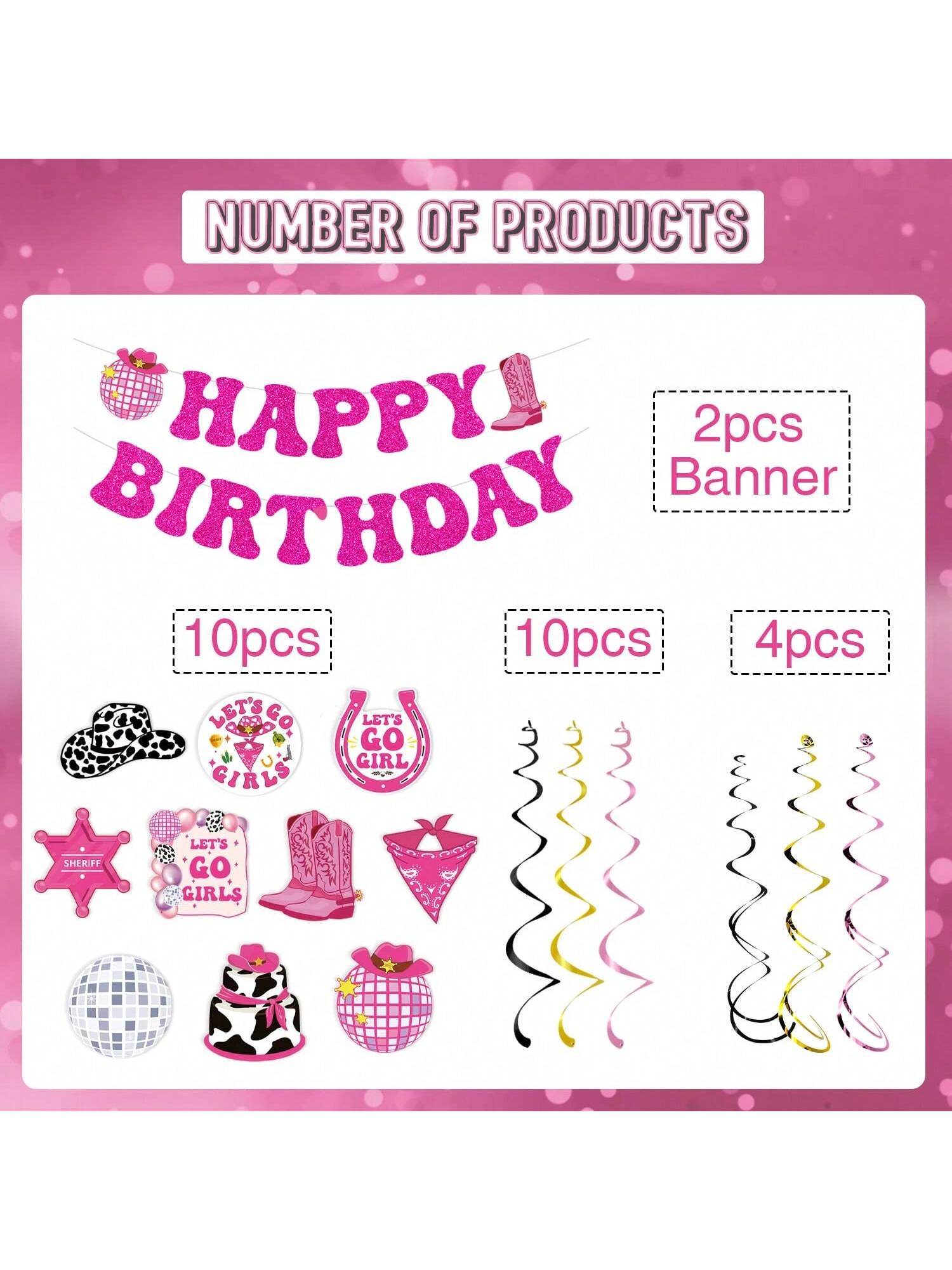 Disco Cow Birthday Hanging Swirls 26pcs Pink Party & Bachelorette Decor