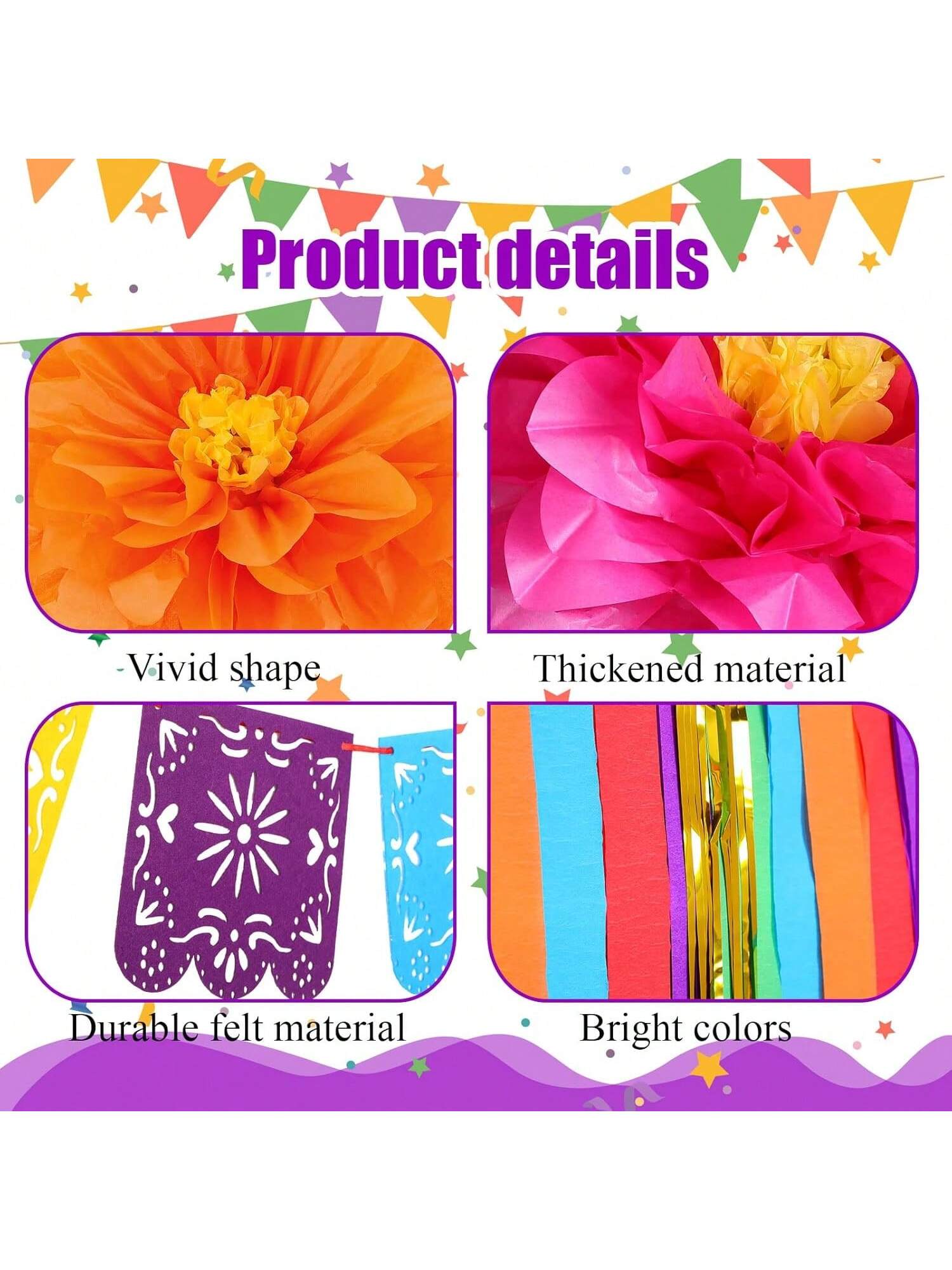 16pcs Mexican Paper Flower Party Decor with Banner and Streamer