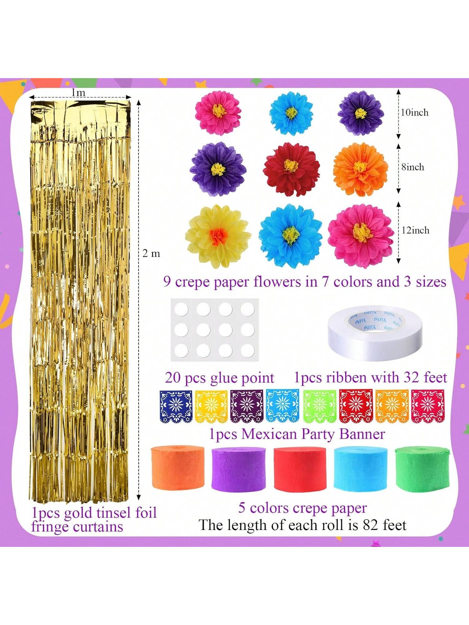16pcs Mexican Paper Flower Party Decor with Banner and Streamer