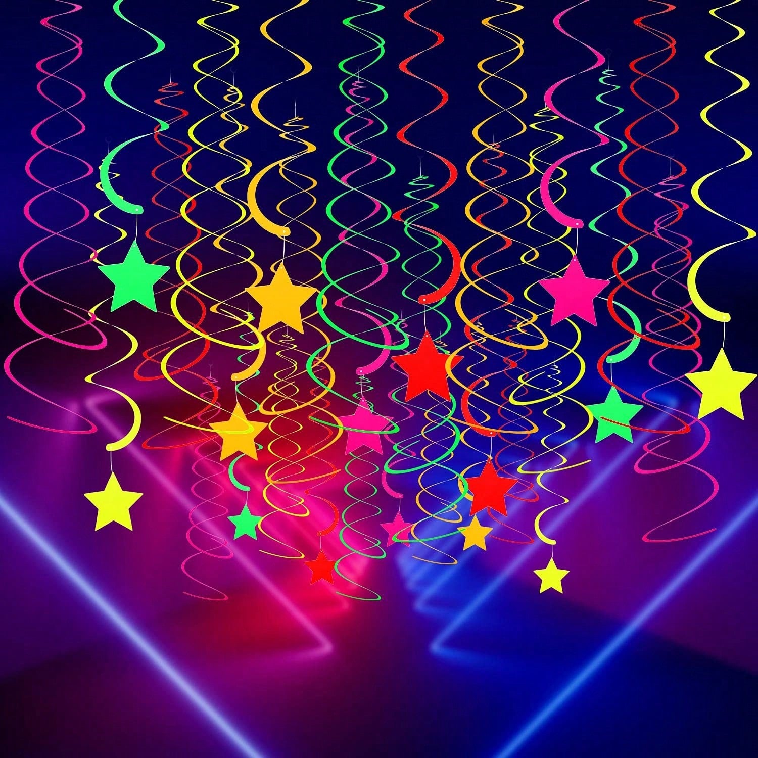 Neon Glow Party Decorations 20pcs Hanging Star Swirls for Ceiling & Glow Party