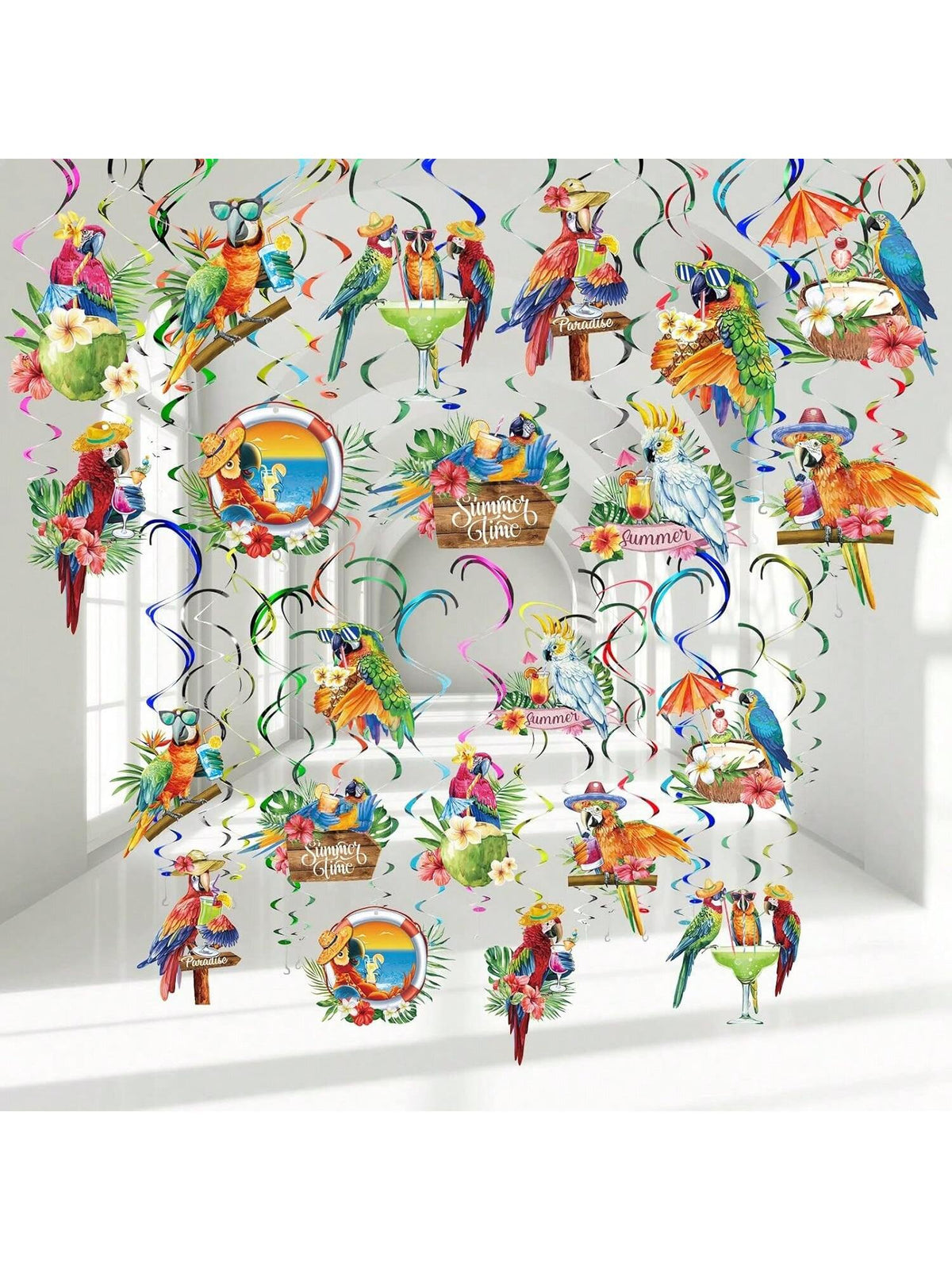 30-Piece Tropical Birds Hanging Swirls for Hawaiian Luau Beach Pool Party Decor