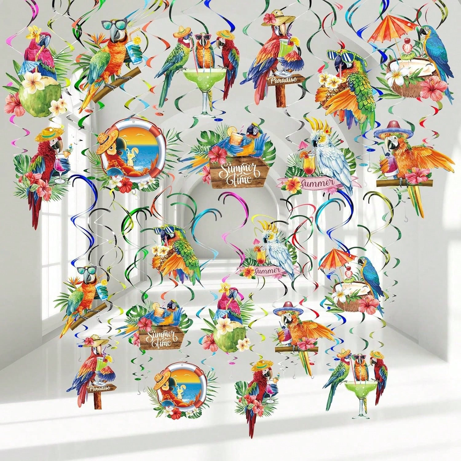 30-Piece Tropical Birds Hanging Swirls for Hawaiian Luau Beach Pool Party Decor