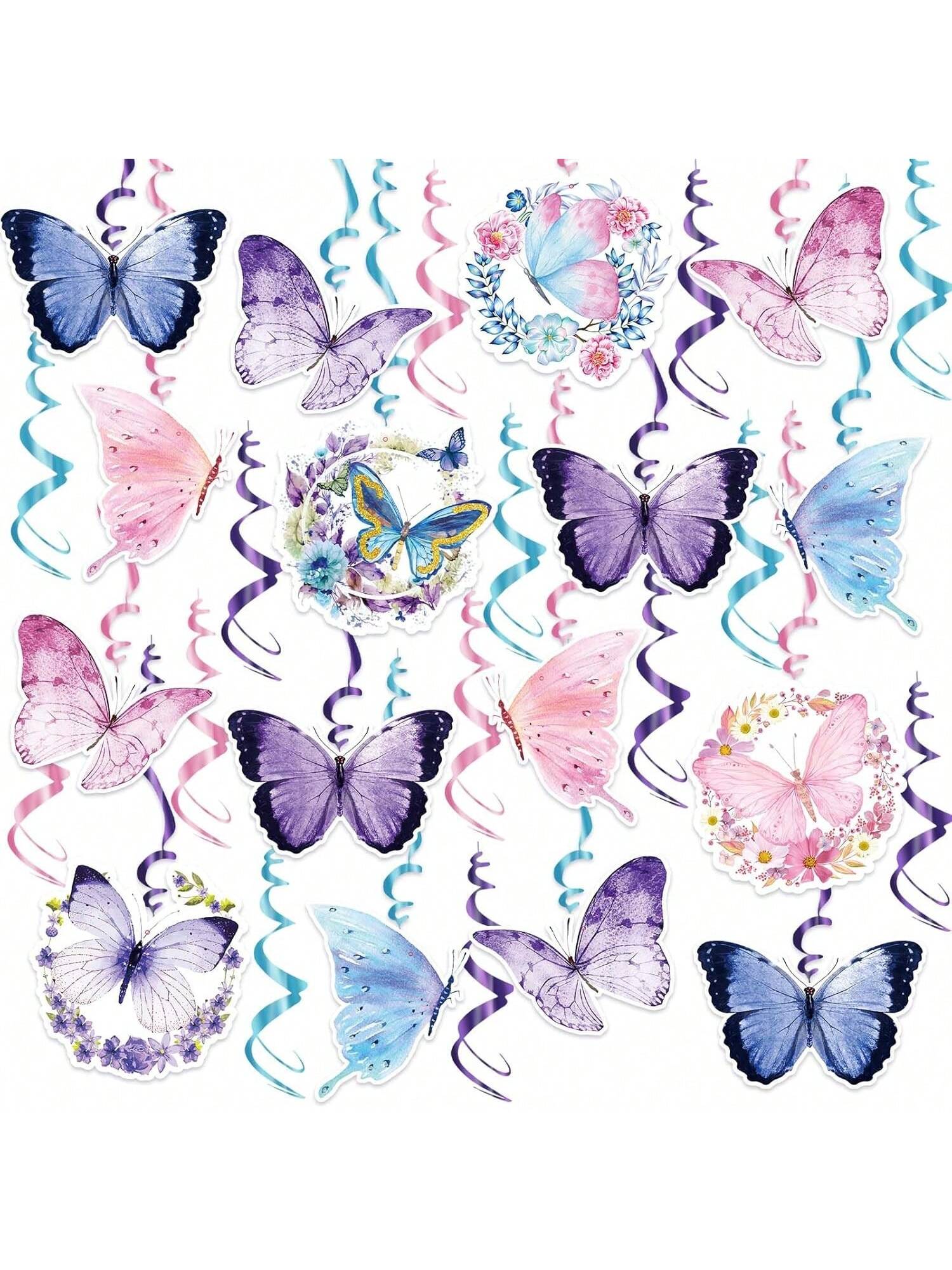 30pcs Butterfly Hanging Swirl Decorations Pink Purple Party Ceiling Decor