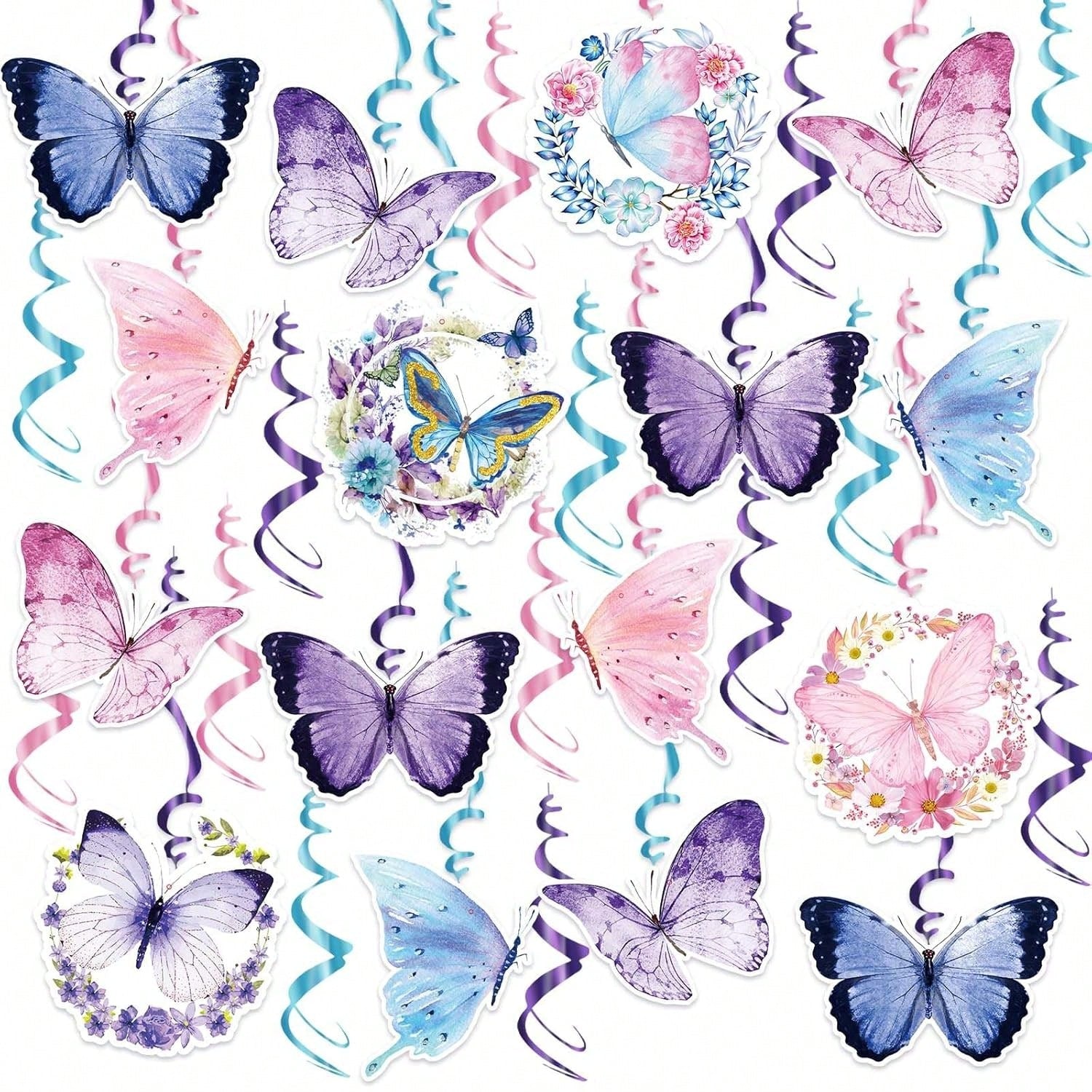 30pcs Butterfly Hanging Swirl Decorations Pink Purple Party Ceiling Decor