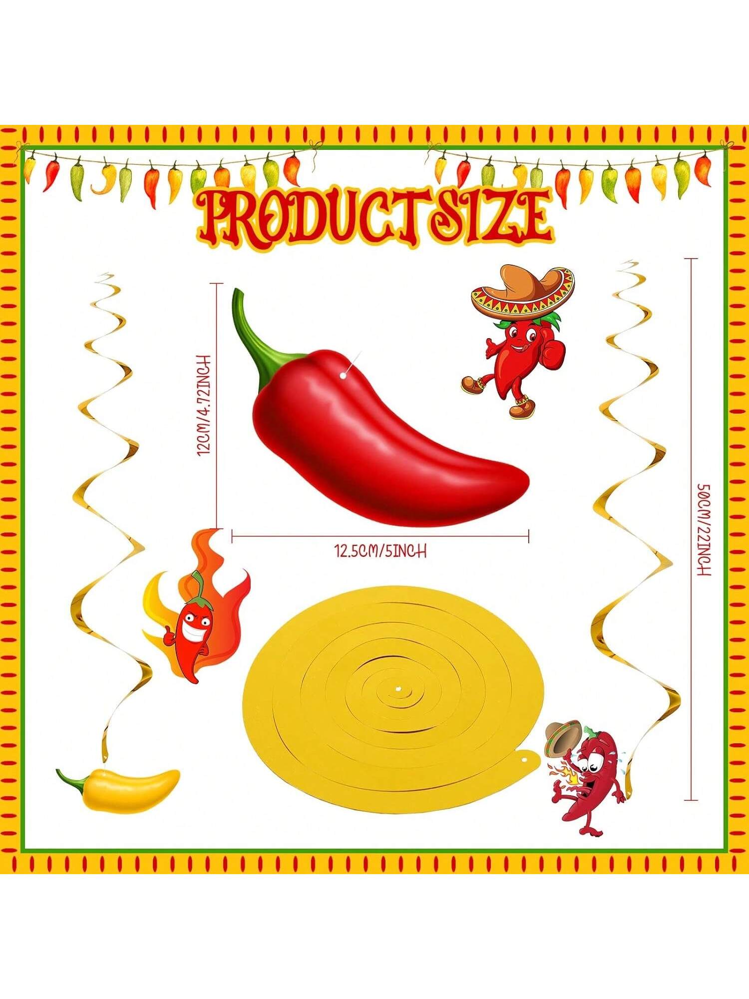 30pcs Chili Pepper Whirl Streamers Red Yellow Green Cinco de Mayo Decor