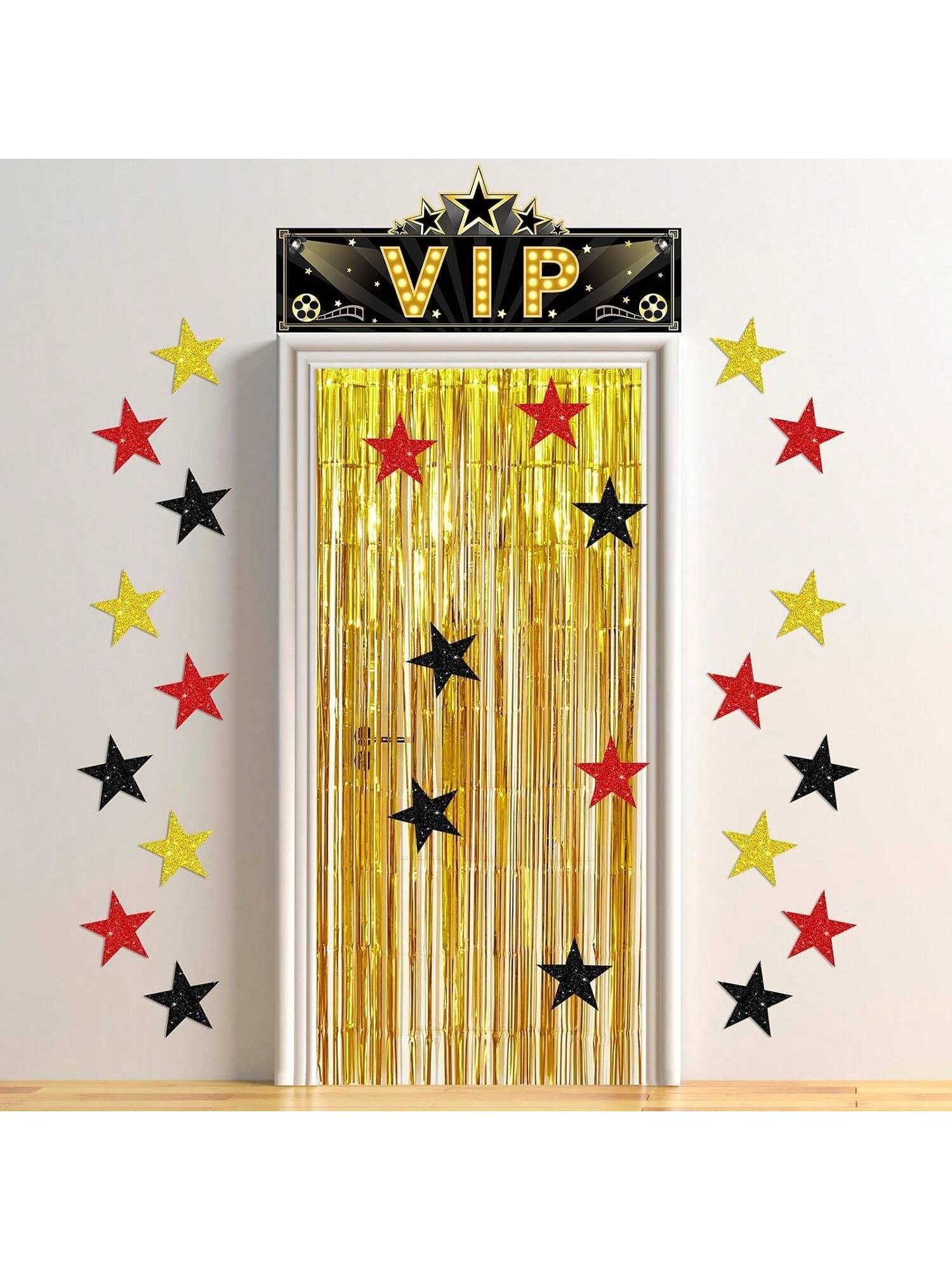 32PCS VIP Party Decorations Set Gold Red Black Stars and Door Curtain