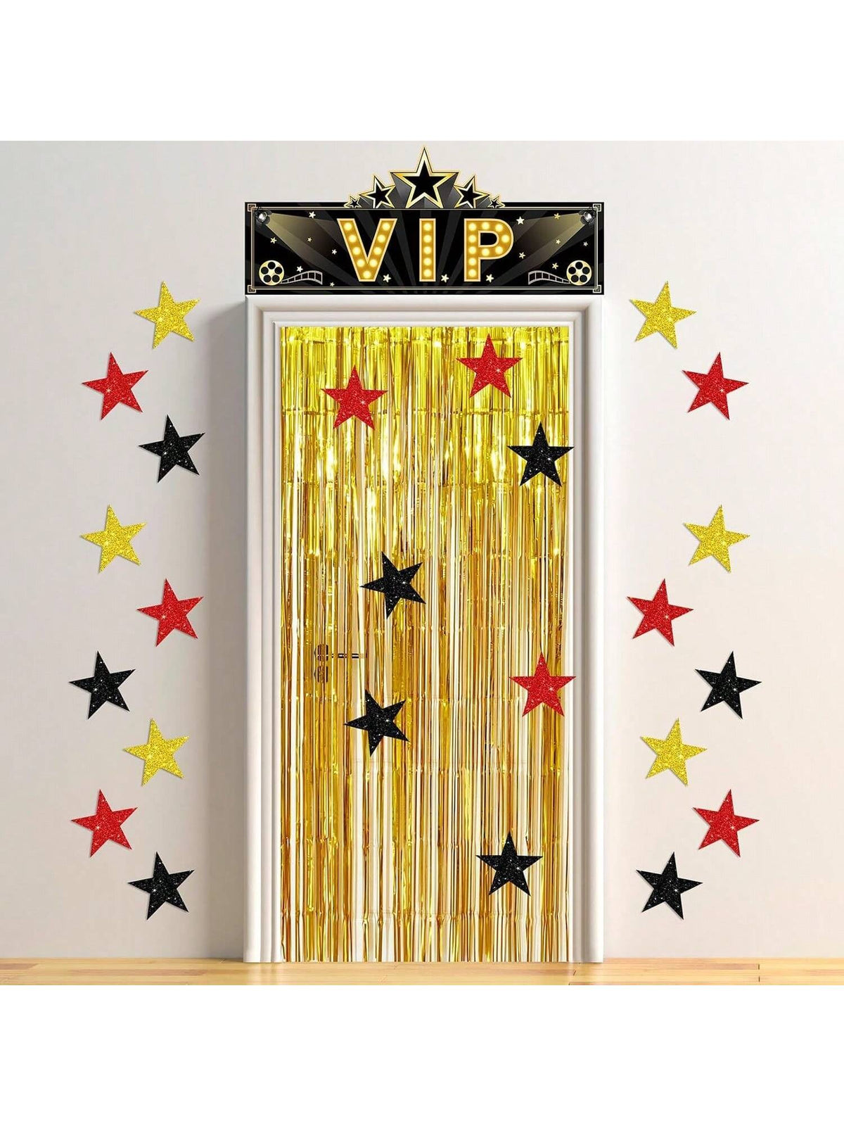 32PCS VIP Party Decorations Set Gold Red Black Stars and Door Curtain