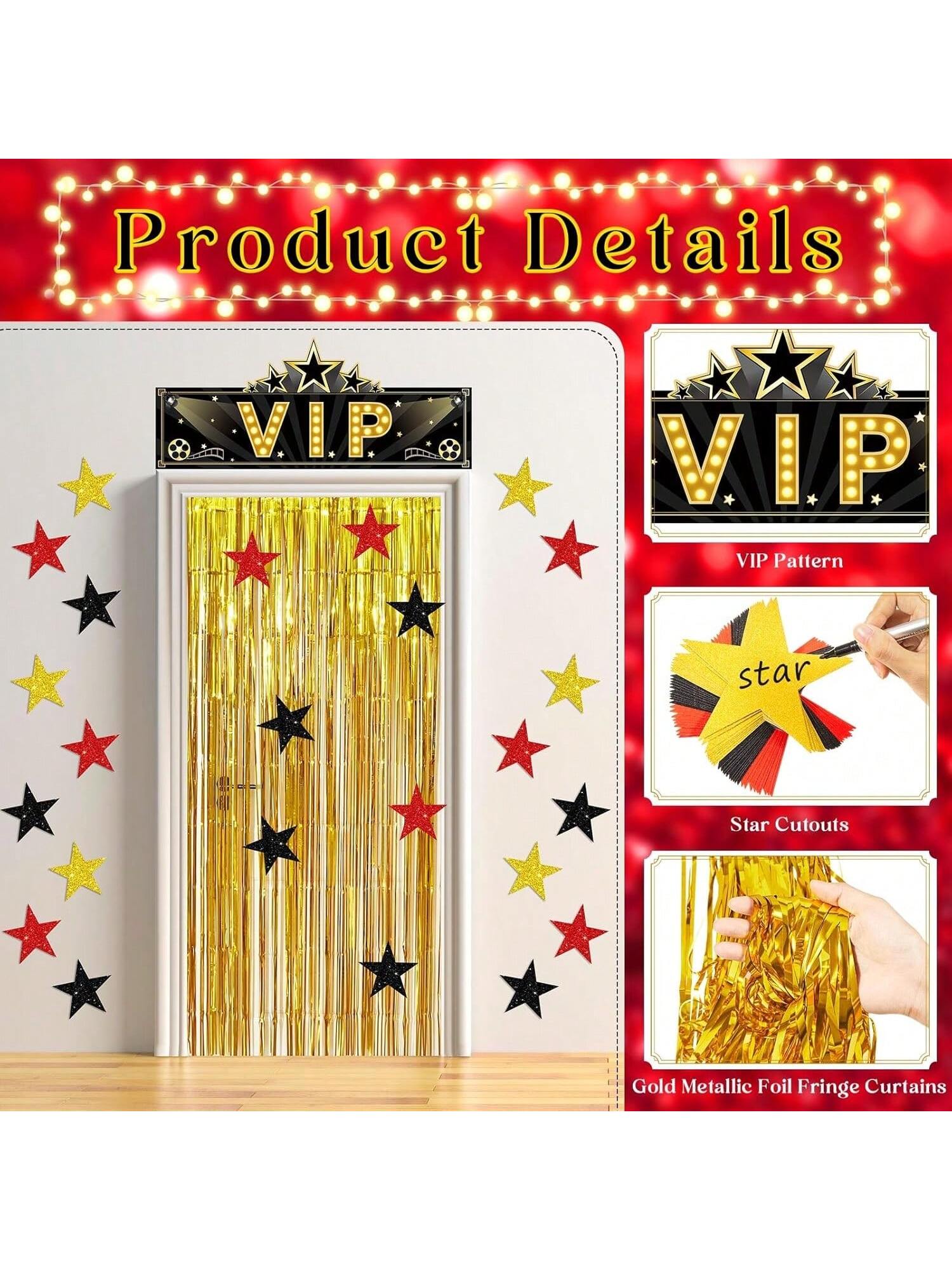 32PCS VIP Party Decorations Set Gold Red Black Stars and Door Curtain