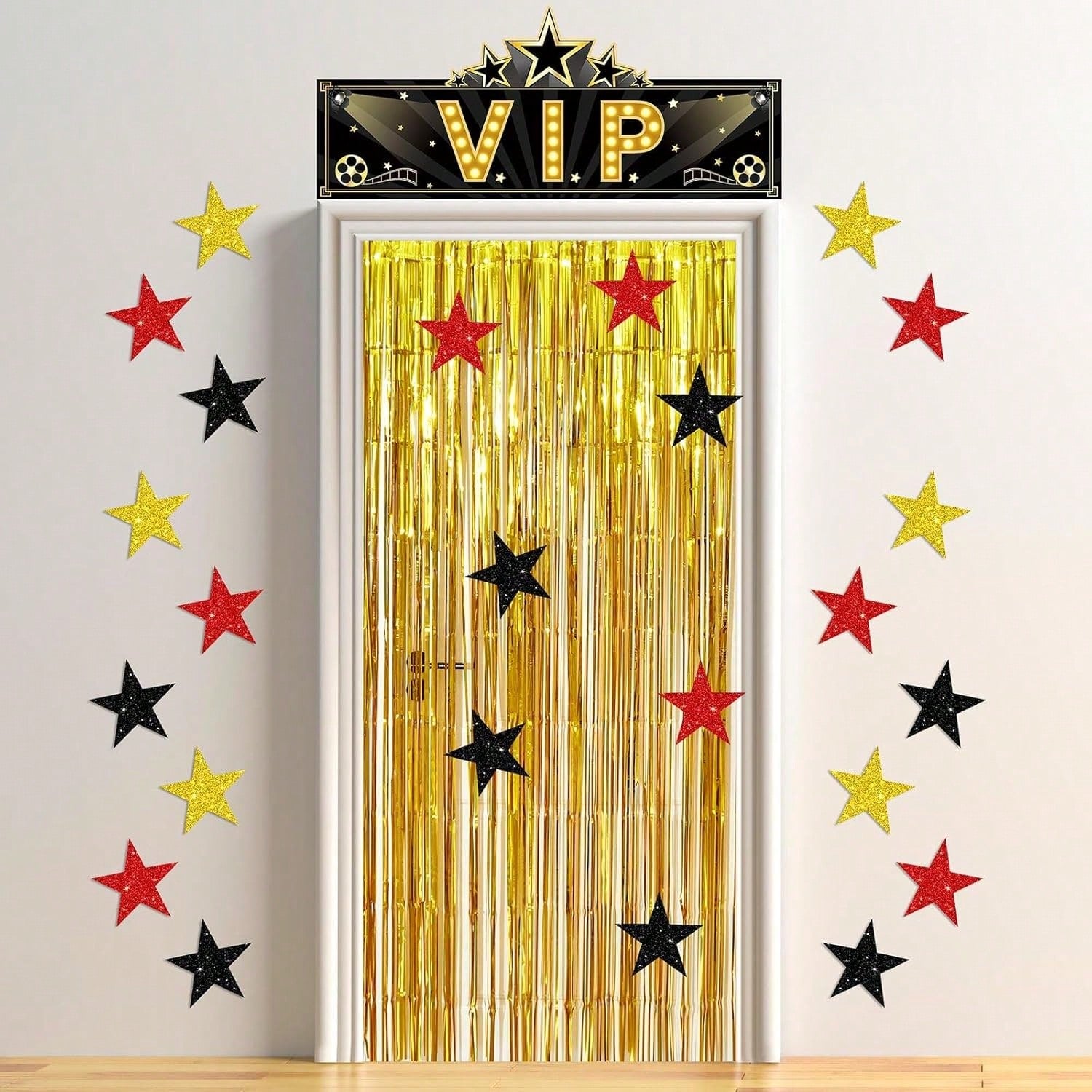 32PCS VIP Party Decorations Set Gold Red Black Stars and Door Curtain