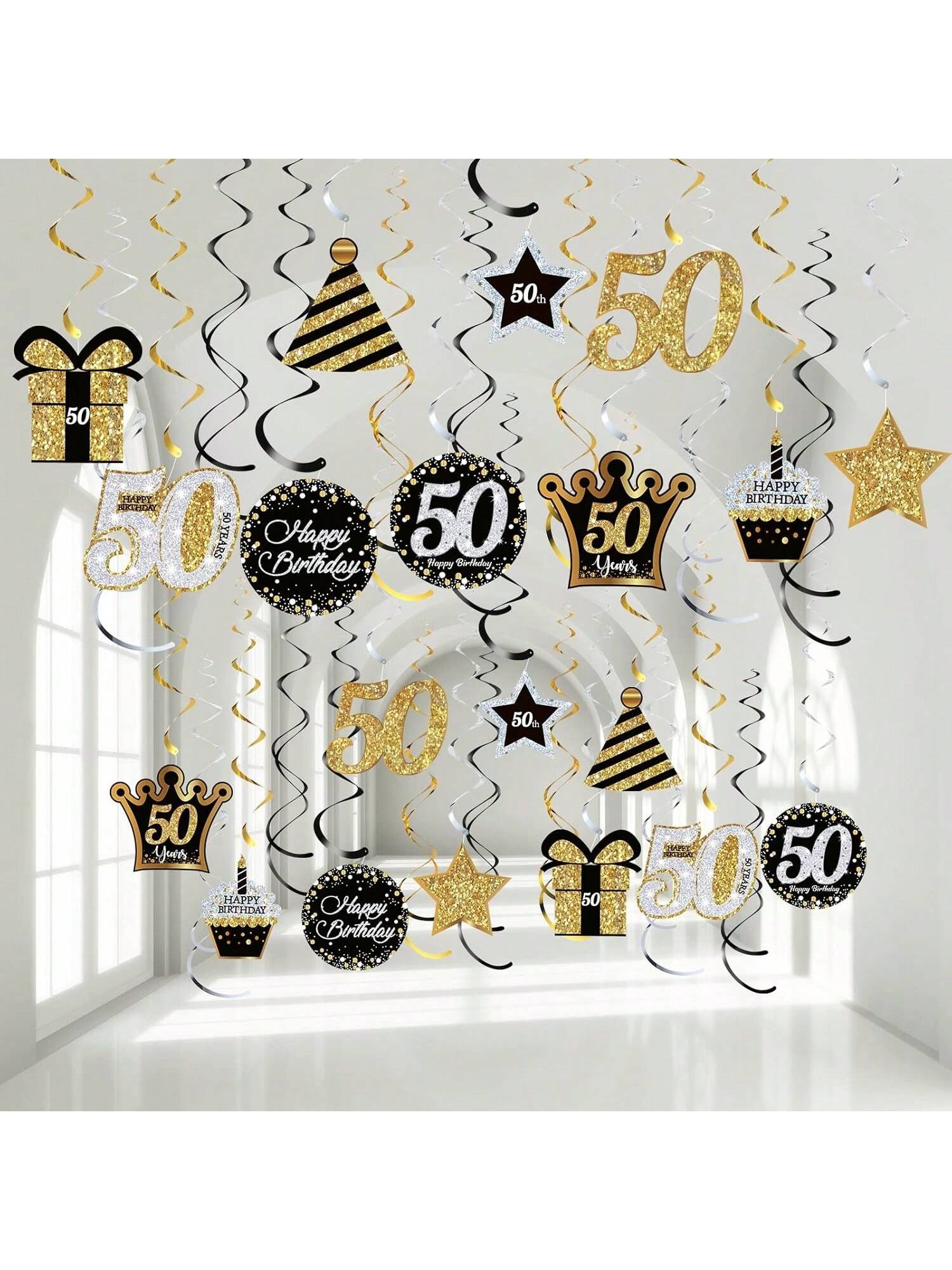 50th Birthday Party Decorations 30pcs Gold Glitter Hanging Swirls for Men & Women