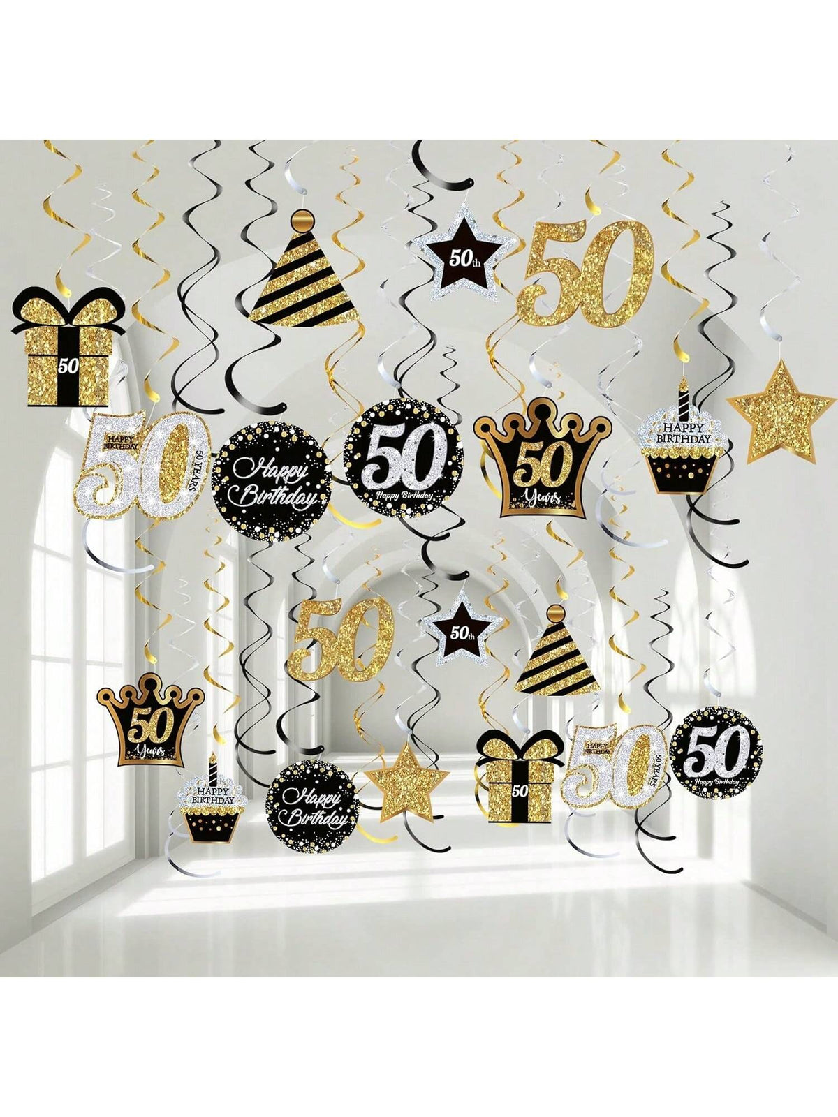 50th Birthday Party Decorations 30pcs Gold Glitter Hanging Swirls for Men & Women