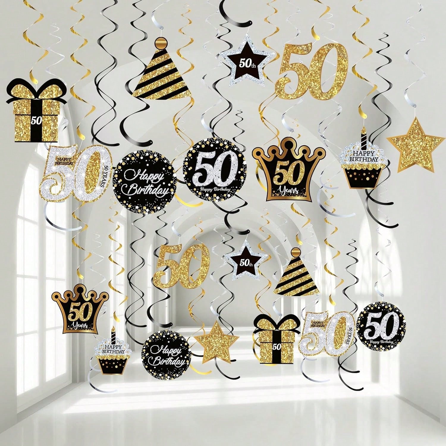 50th Birthday Party Decorations 30pcs Gold Glitter Hanging Swirls for Men & Women