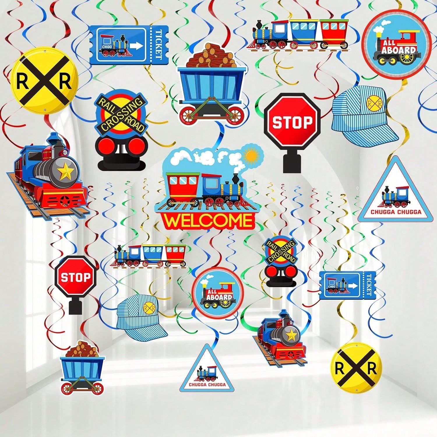 51pcs Train Birthday Party Hanging Swirl Decorations Steam Train Ceiling Decor