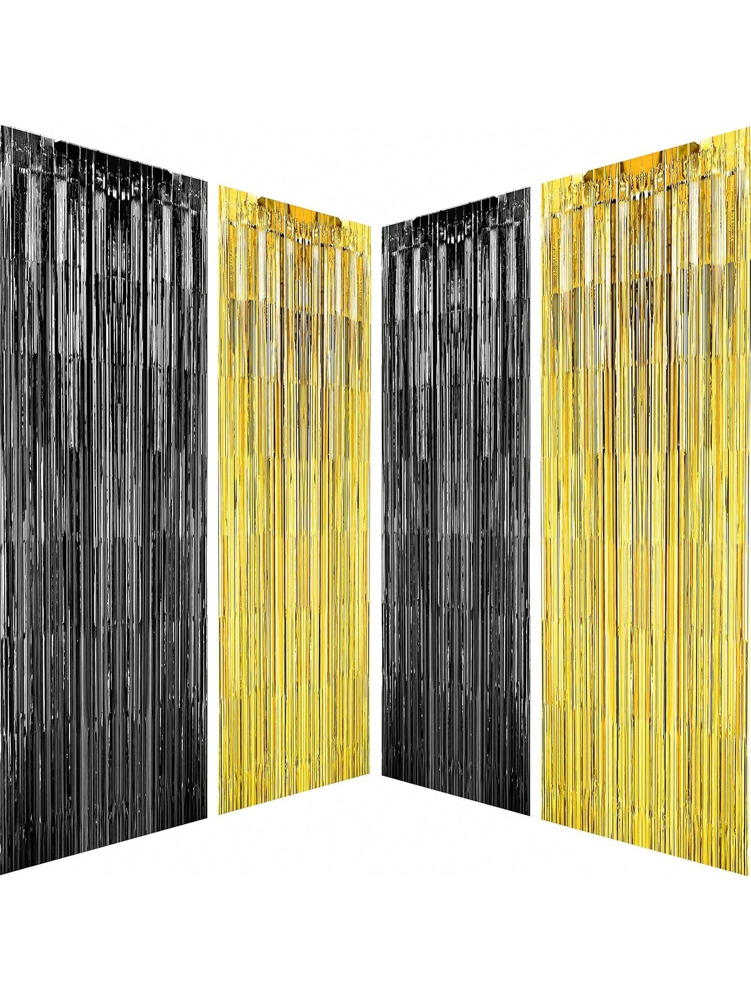 4PCS Black Gold Foil Tinsel Fringe Curtains for Party Photo Backdrops