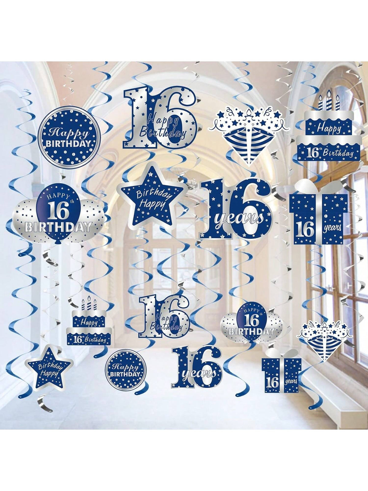 16pcs Blue Silver Happy 16th Birthday Hanging Swirl Decorations