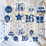 16pcs Blue Silver Happy 16th Birthday Hanging Swirl Decorations