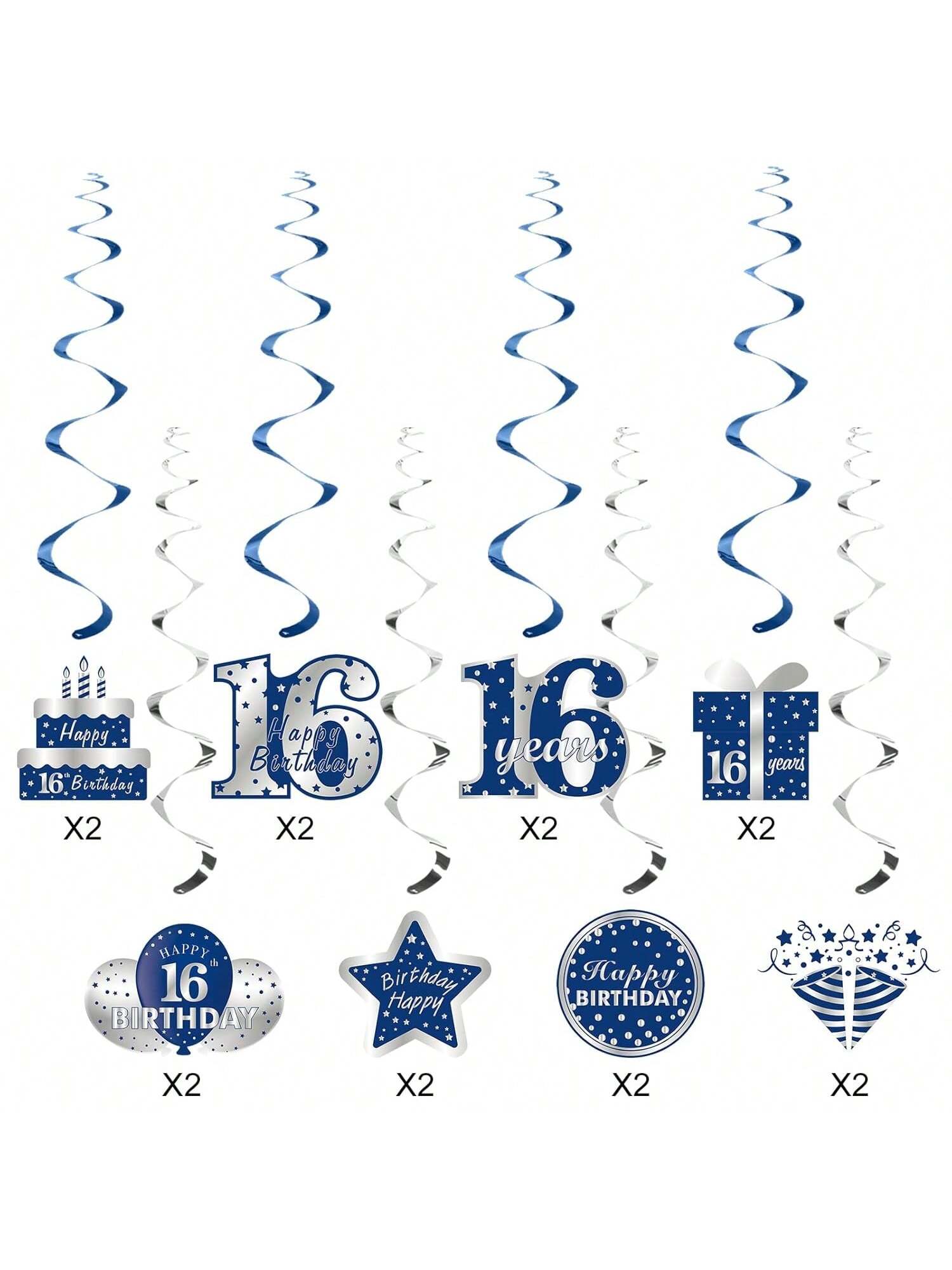 16pcs Blue Silver Happy 16th Birthday Hanging Swirl Decorations