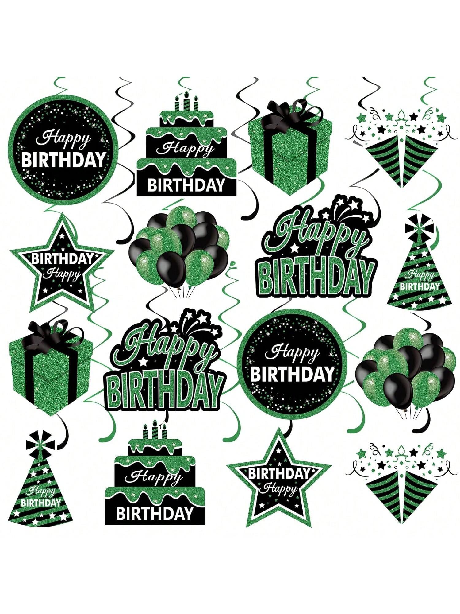 16PCS Green Black Birthday Hanging Swirls Party Ceiling Decorations