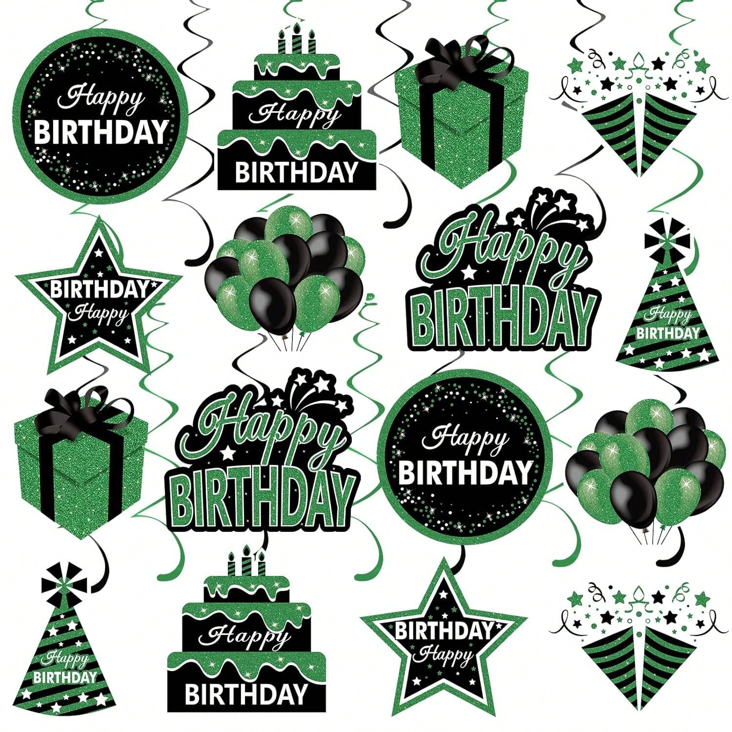 16PCS Green Black Birthday Hanging Swirls Party Ceiling Decorations
