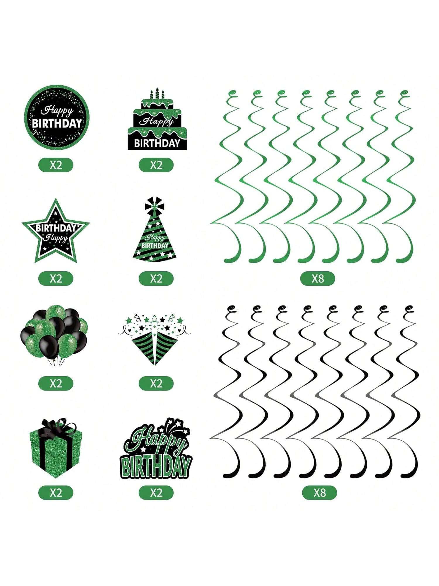 16PCS Green Black Birthday Hanging Swirls Party Ceiling Decorations