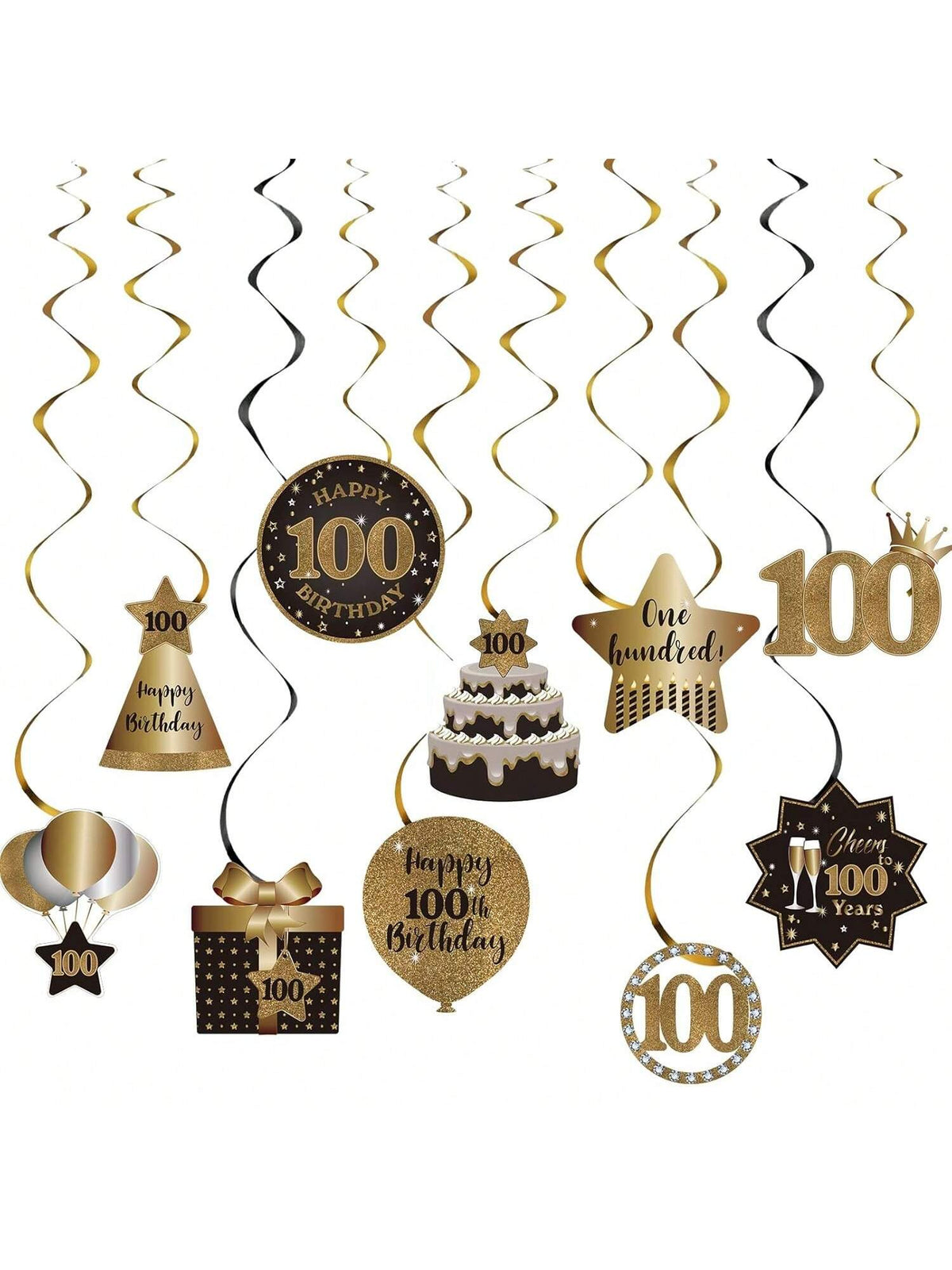 100th Birthday Black and Gold Hanging Swirl Ceiling Decorations