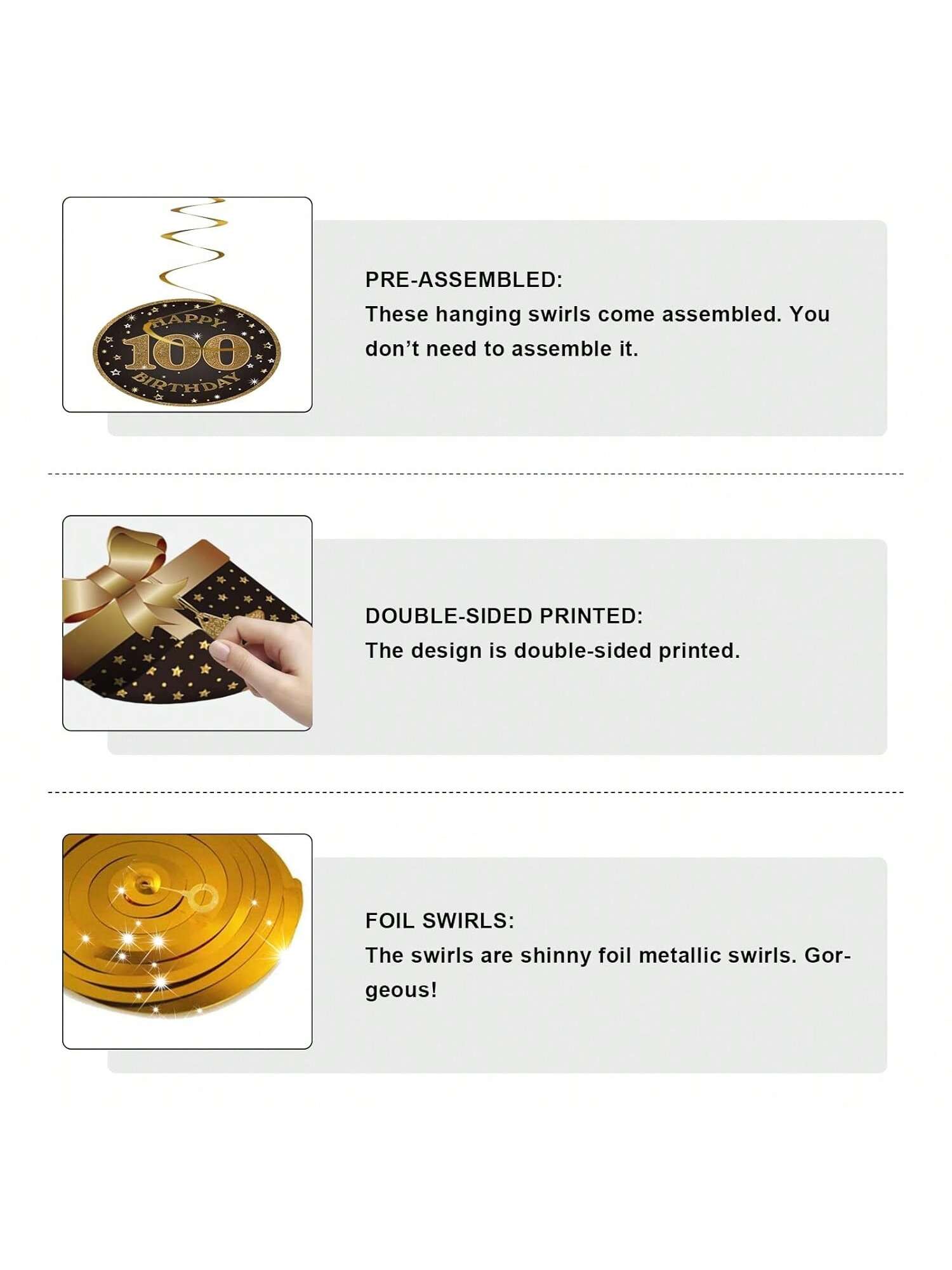 100th Birthday Black and Gold Hanging Swirl Ceiling Decorations