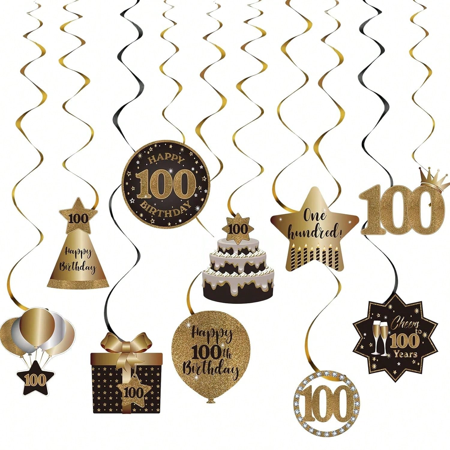 100th Birthday Black and Gold Hanging Swirl Ceiling Decorations