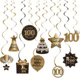 100th Birthday Black and Gold Hanging Swirl Ceiling Decorations