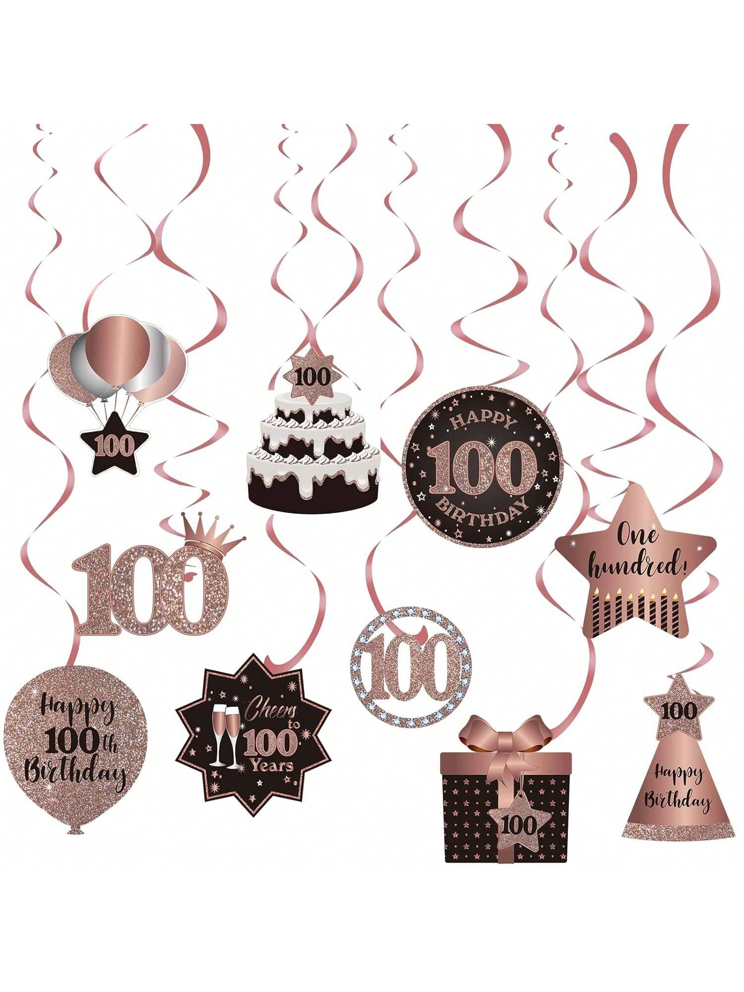 100th Birthday Rose Gold Hanging Swirl Ceiling Decorations