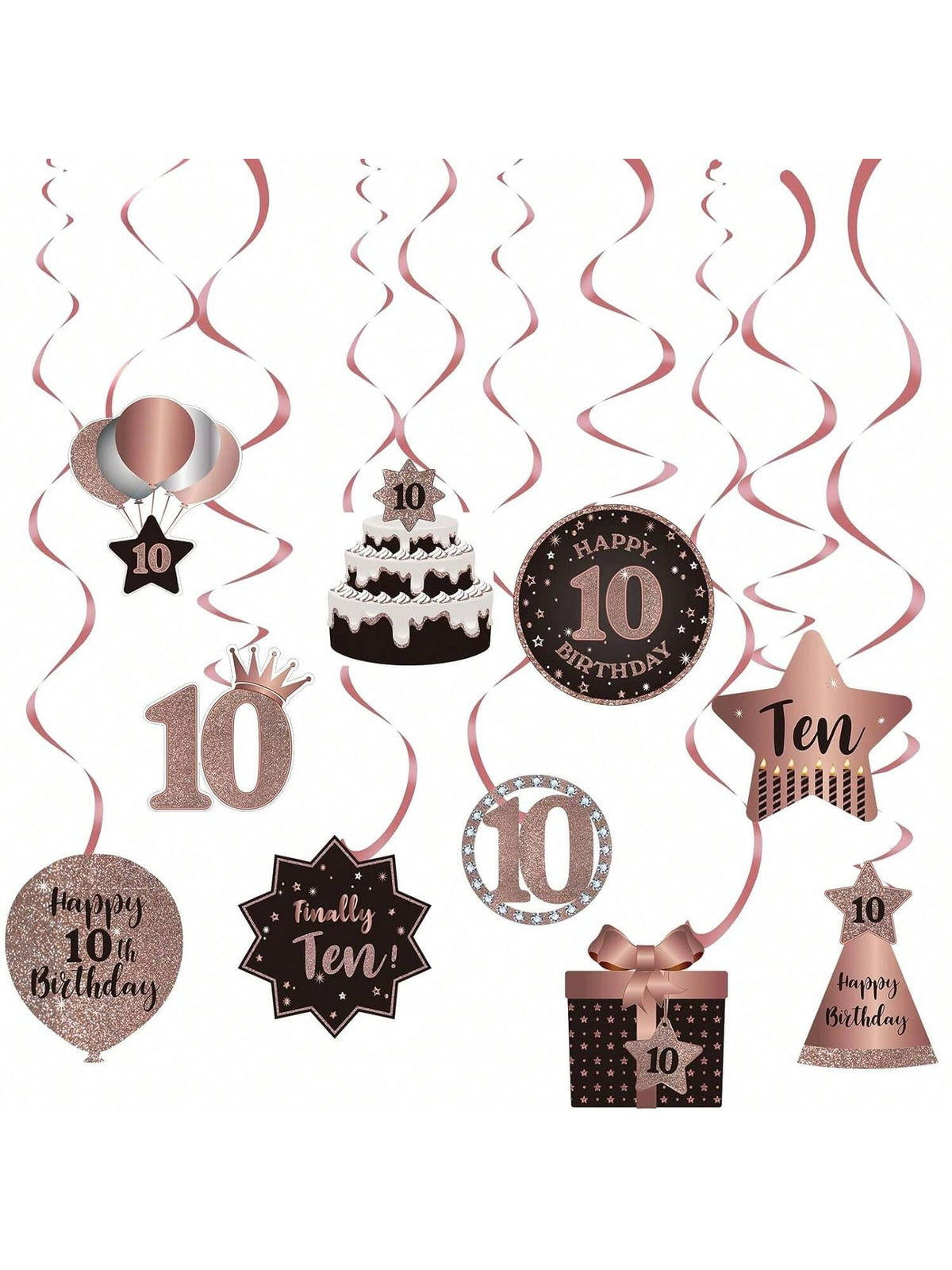 10th Birthday Rose Gold Hanging Swirl Ceiling Decorations