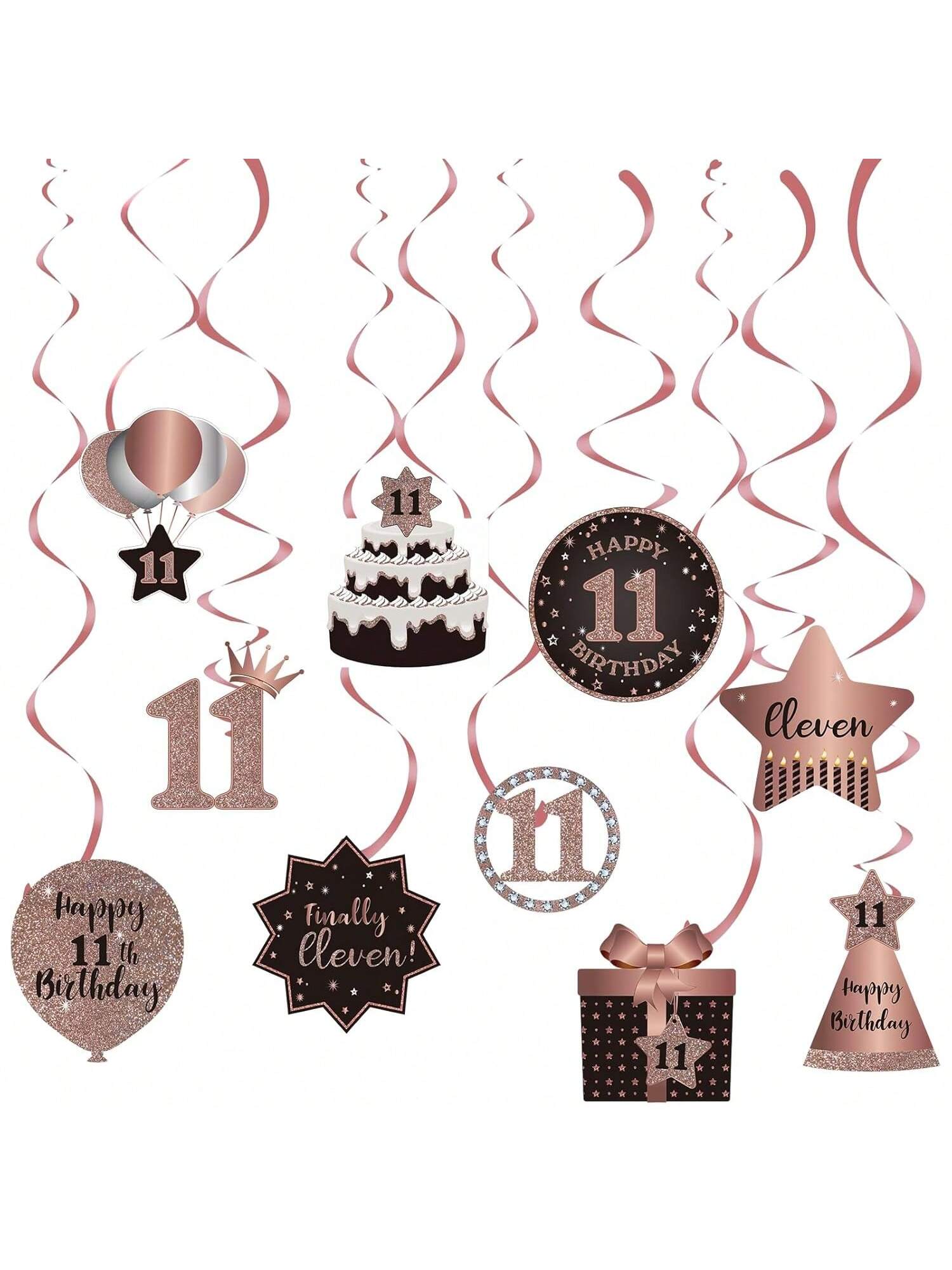 11th Birthday Rose Gold Hanging Swirl Ceiling Decorations