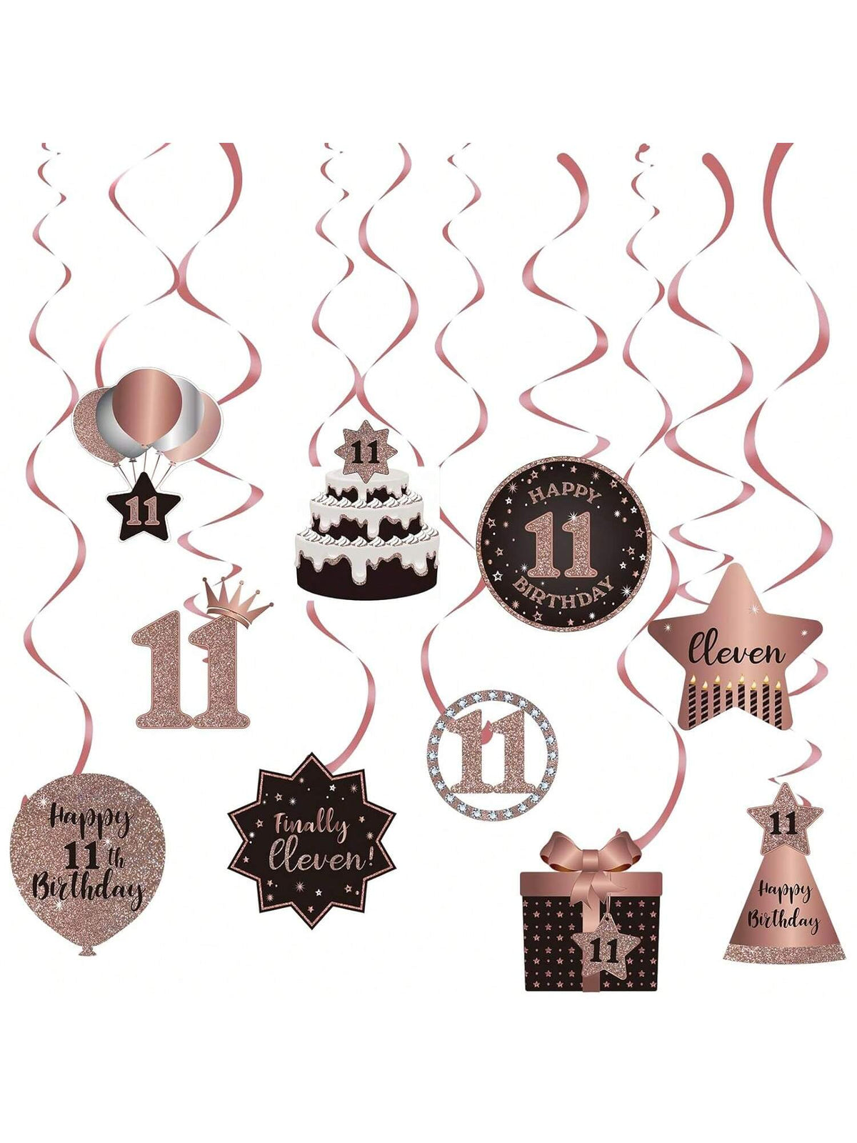 11th Birthday Rose Gold Hanging Swirl Ceiling Decorations