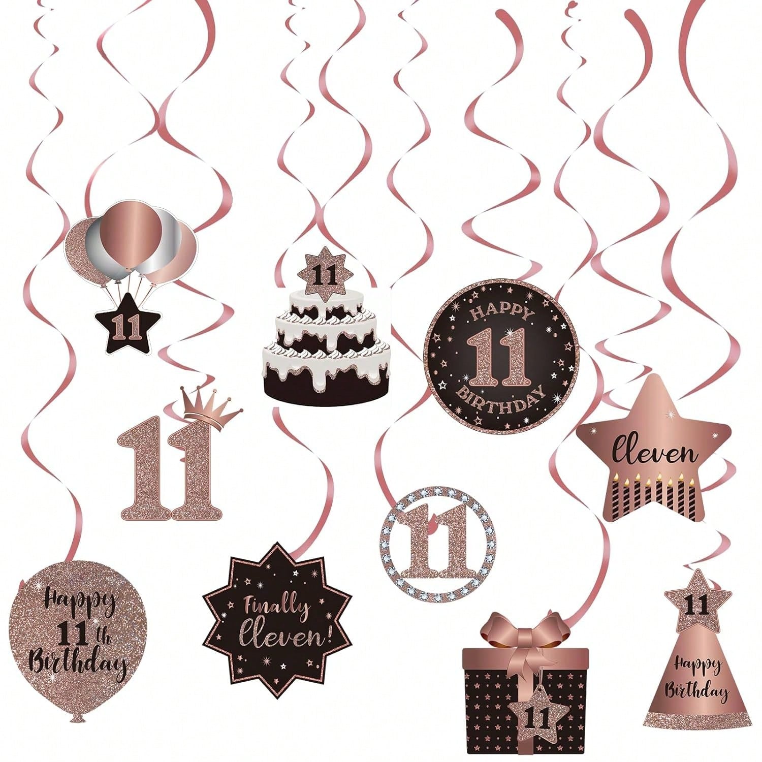 11th Birthday Rose Gold Hanging Swirl Ceiling Decorations