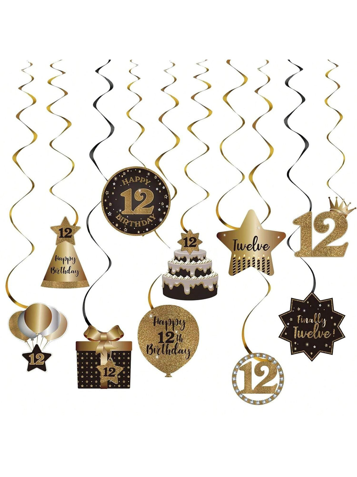 12th Birthday Black and Gold Hanging Swirl Ceiling Decorations