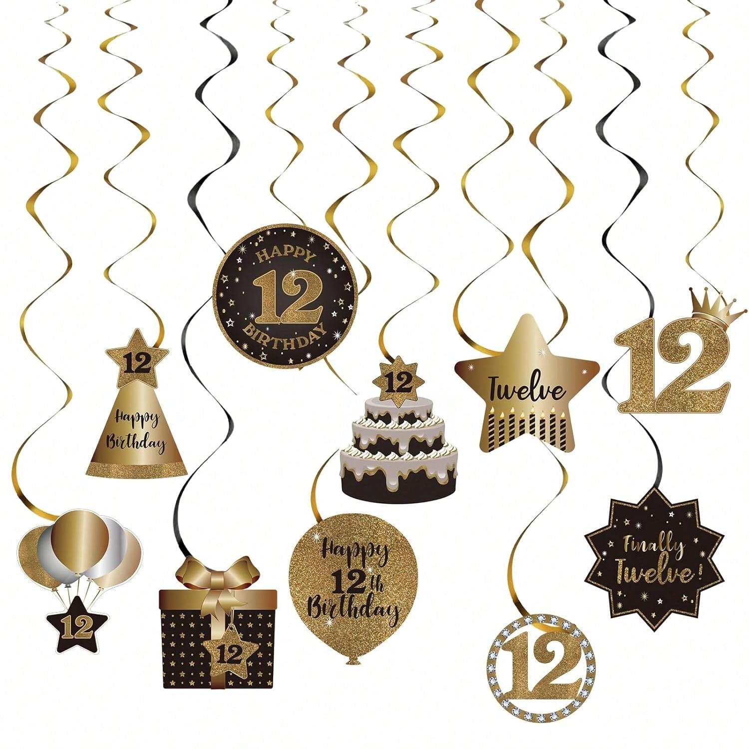 12th Birthday Black and Gold Hanging Swirl Ceiling Decorations