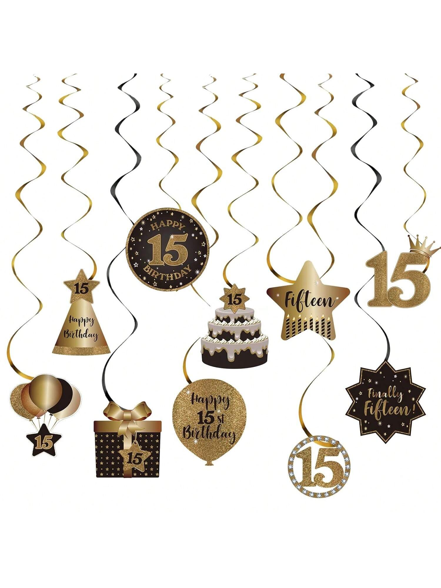 15th Birthday Black and Gold Hanging Swirl Ceiling Decorations