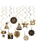 15th Birthday Black and Gold Hanging Swirl Ceiling Decorations