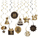 15th Birthday Black and Gold Hanging Swirl Ceiling Decorations