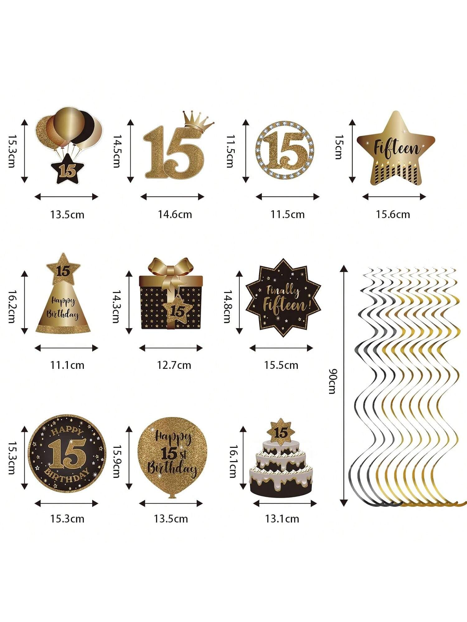 15th Birthday Black and Gold Hanging Swirl Ceiling Decorations