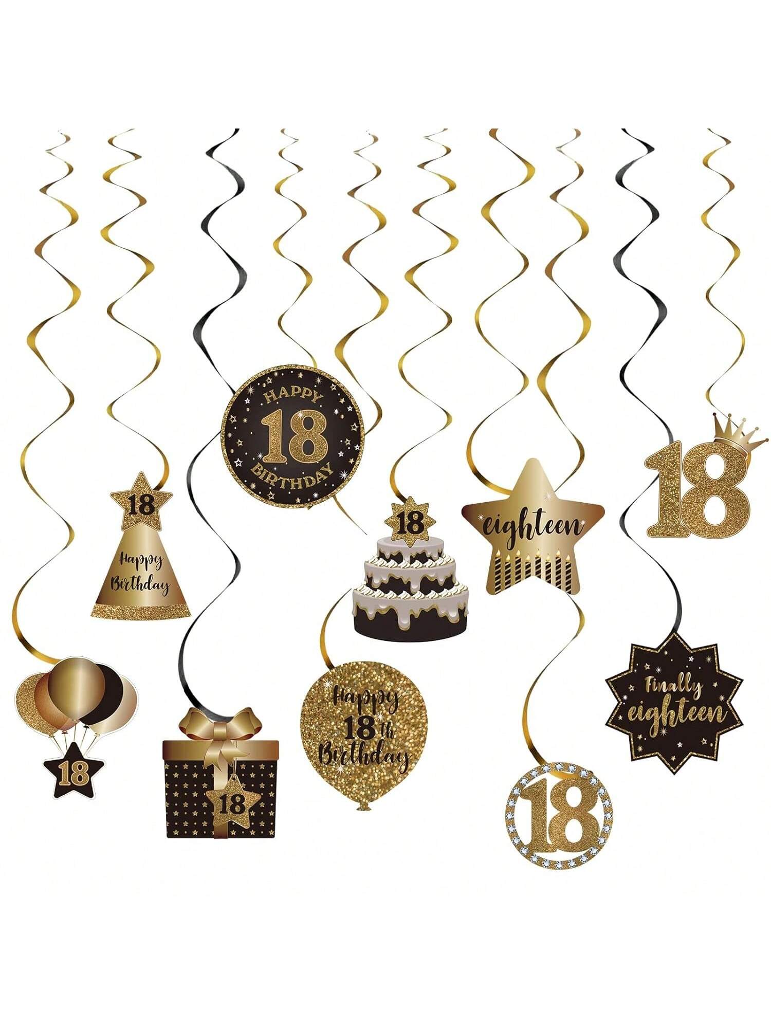 18th Birthday Black and Gold Hanging Swirl Ceiling Decorations