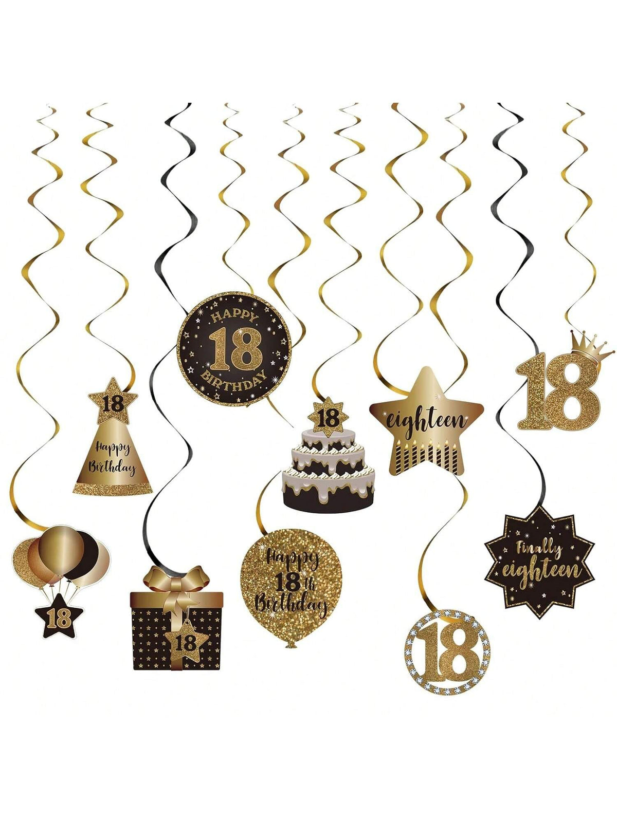18th Birthday Black and Gold Hanging Swirl Ceiling Decorations