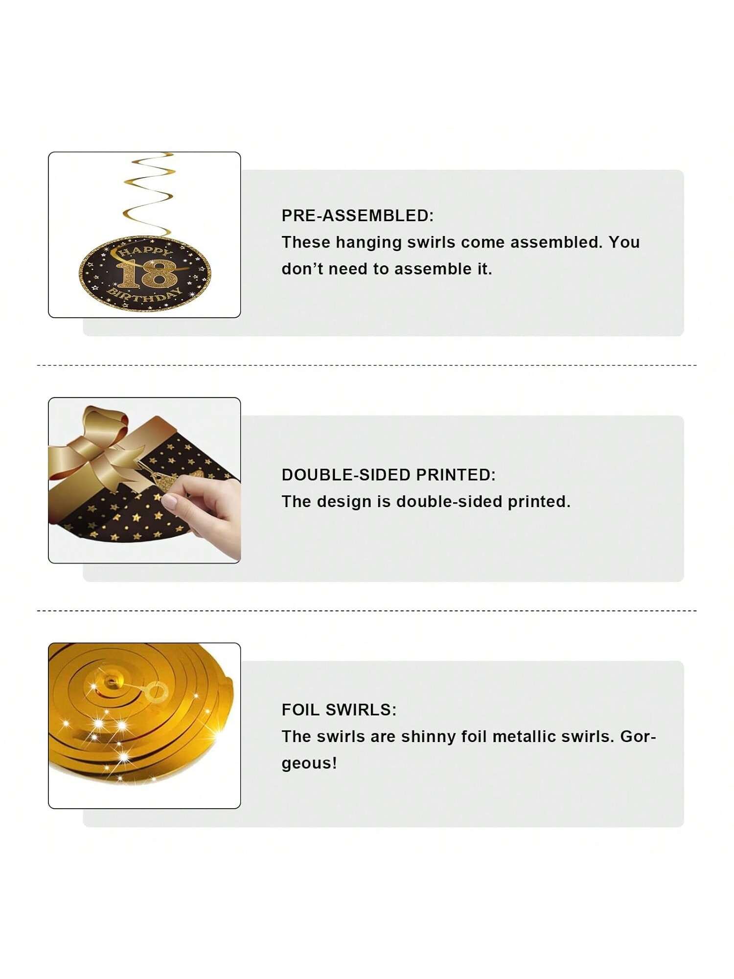 18th Birthday Black and Gold Hanging Swirl Ceiling Decorations