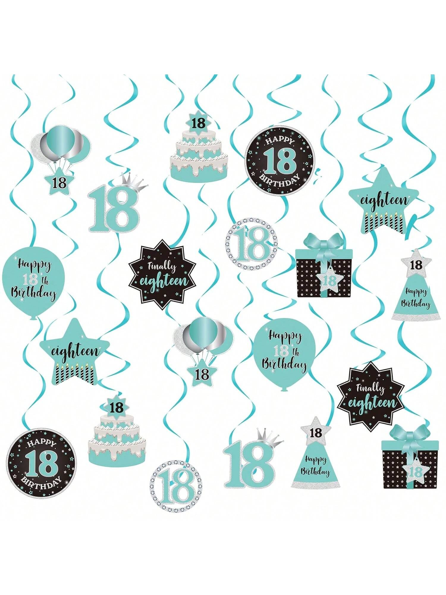 Happy 18th Birthday Hanging Swirls Teal Silver Black Blue Decor